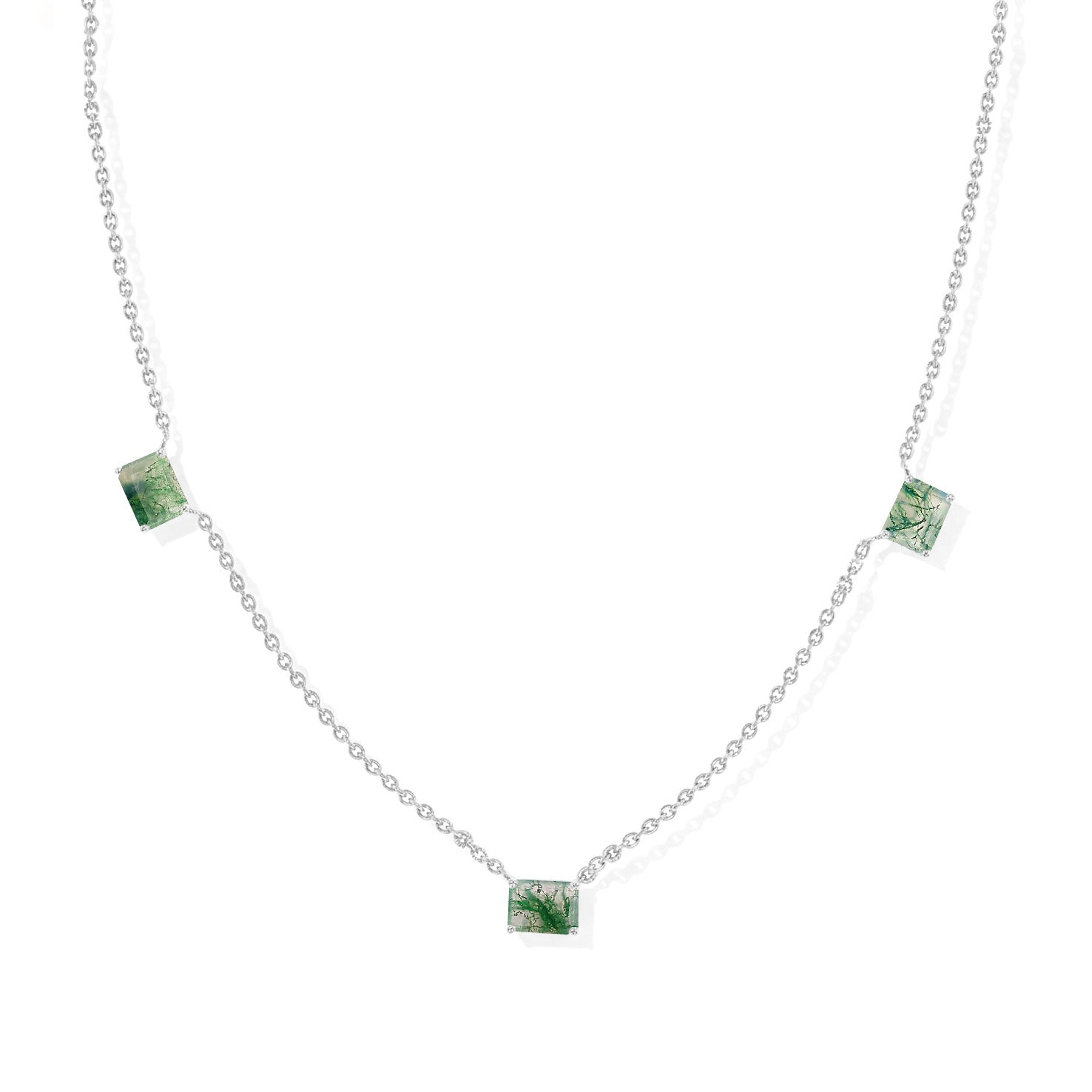 "Handmade Moss Agate station necklace with three octagon-cut gemstones.
