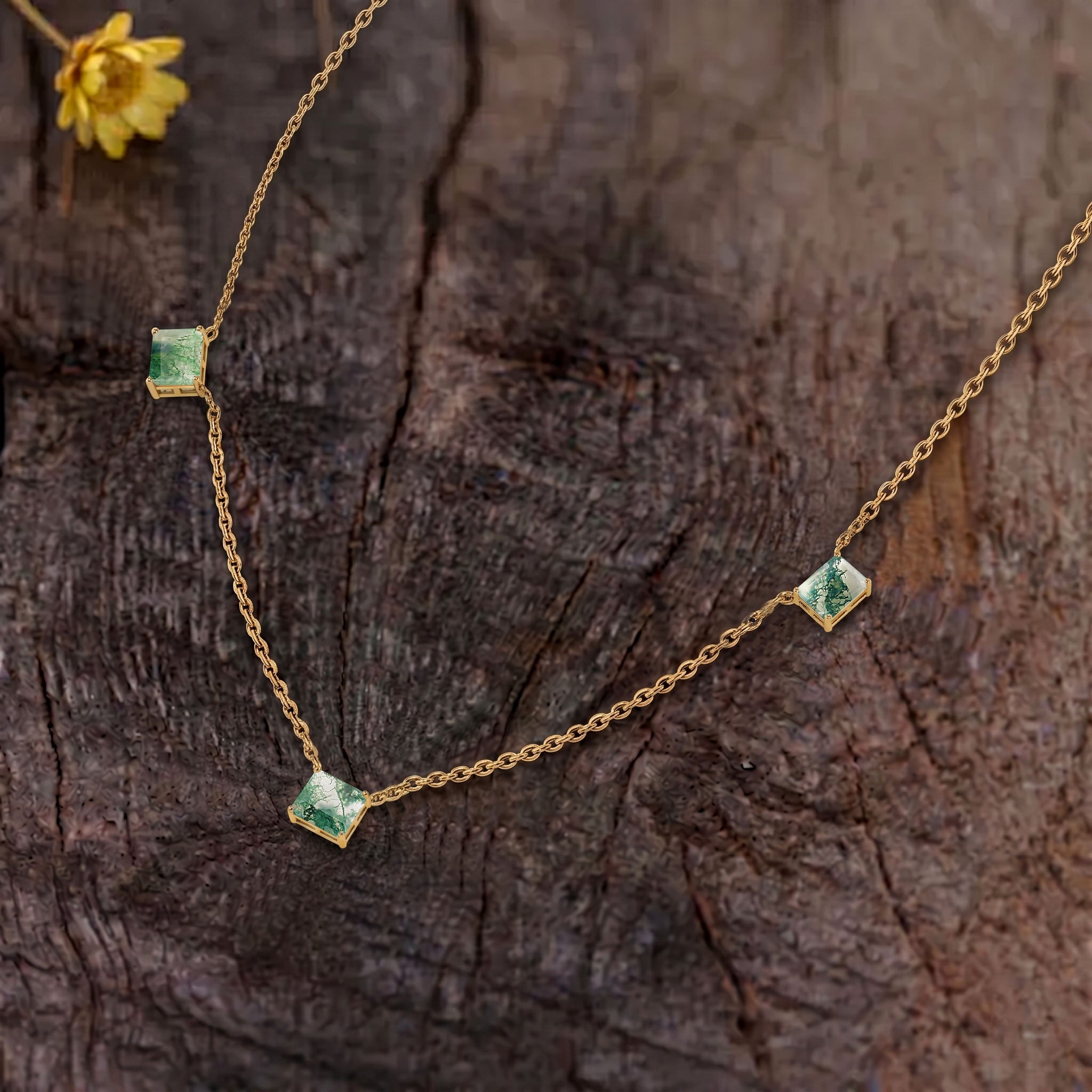 Delicate Moss Agate station necklace with genuine natural gemstones.
