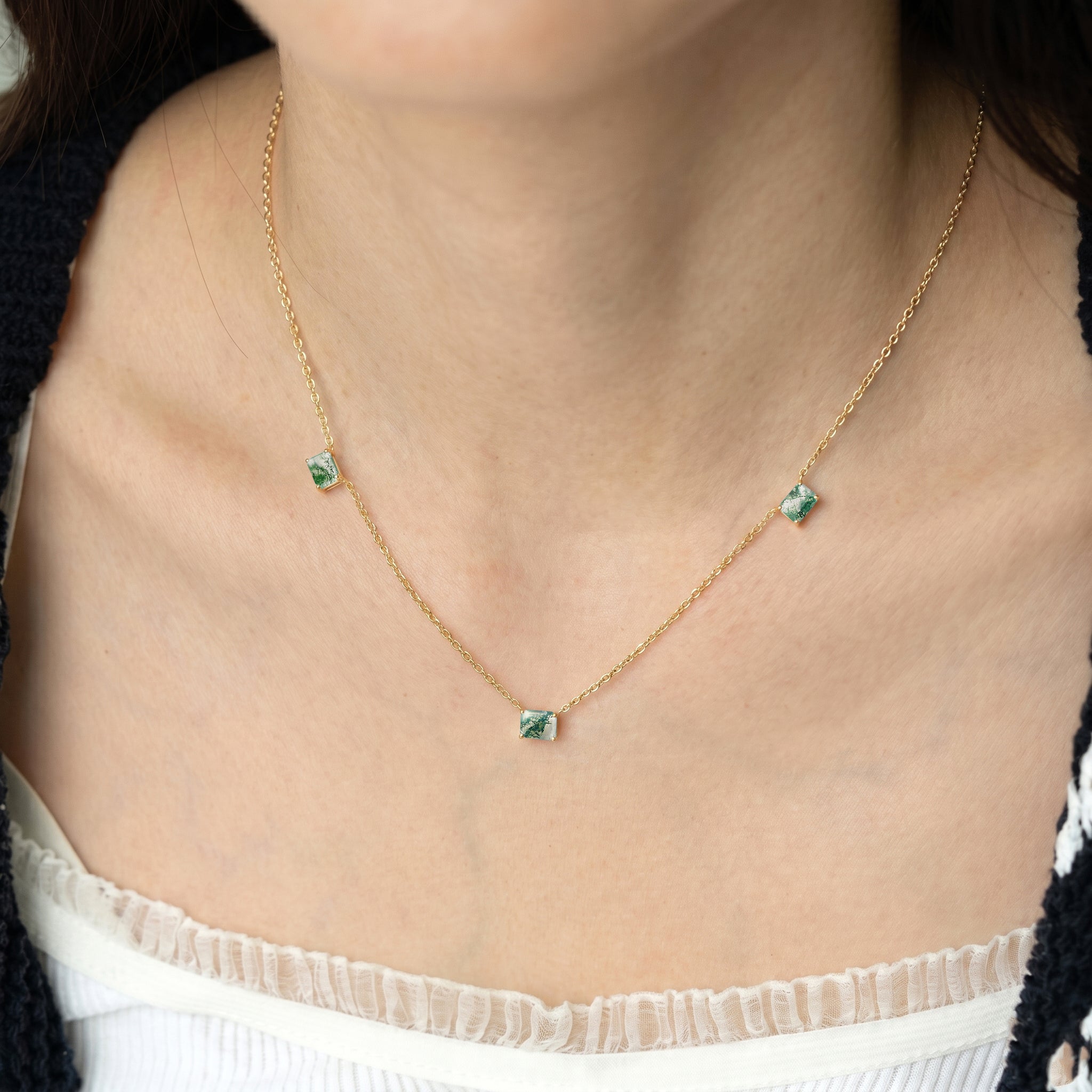 Natural Moss Agate necklace with unique botanical-like inclusions.
