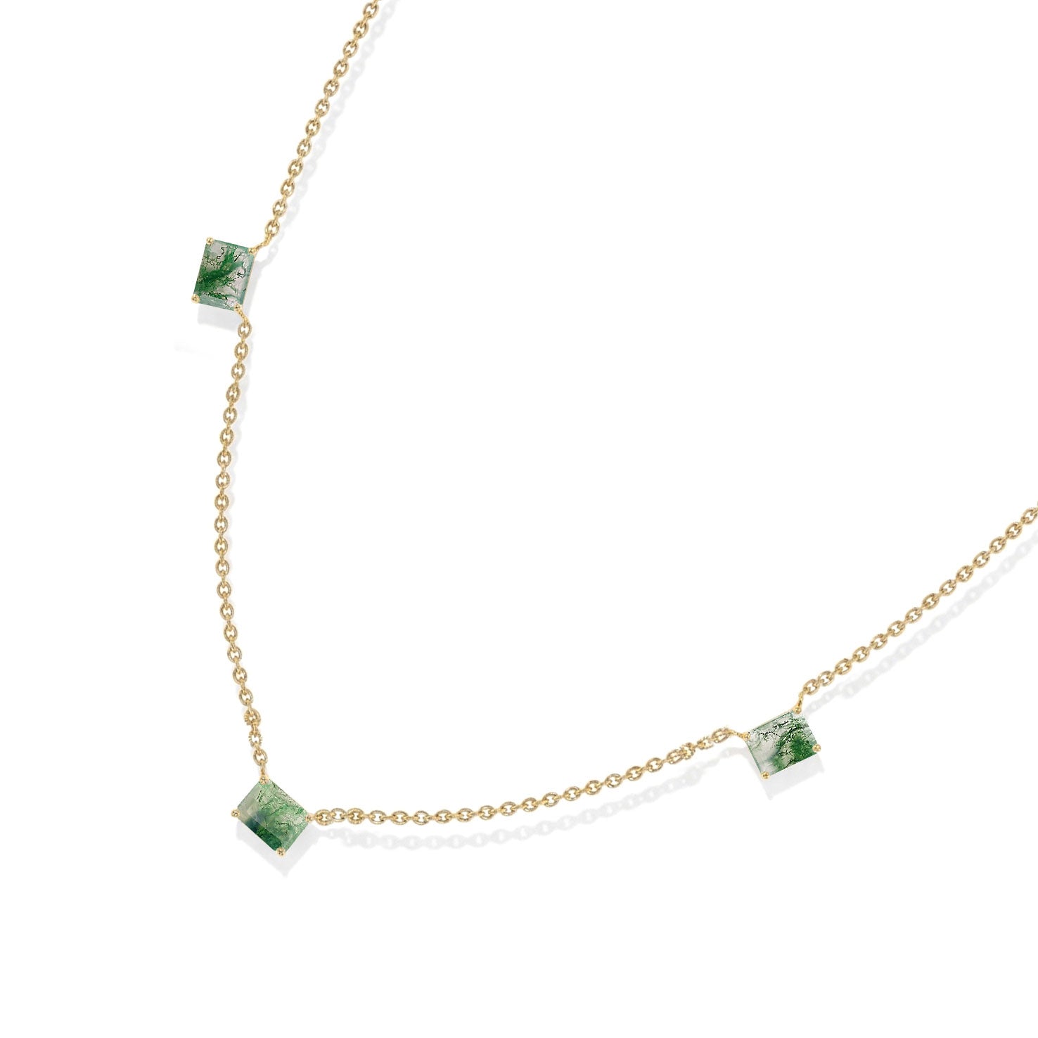 Octagon Moss Agate gemstone necklace with handcrafted finish.
