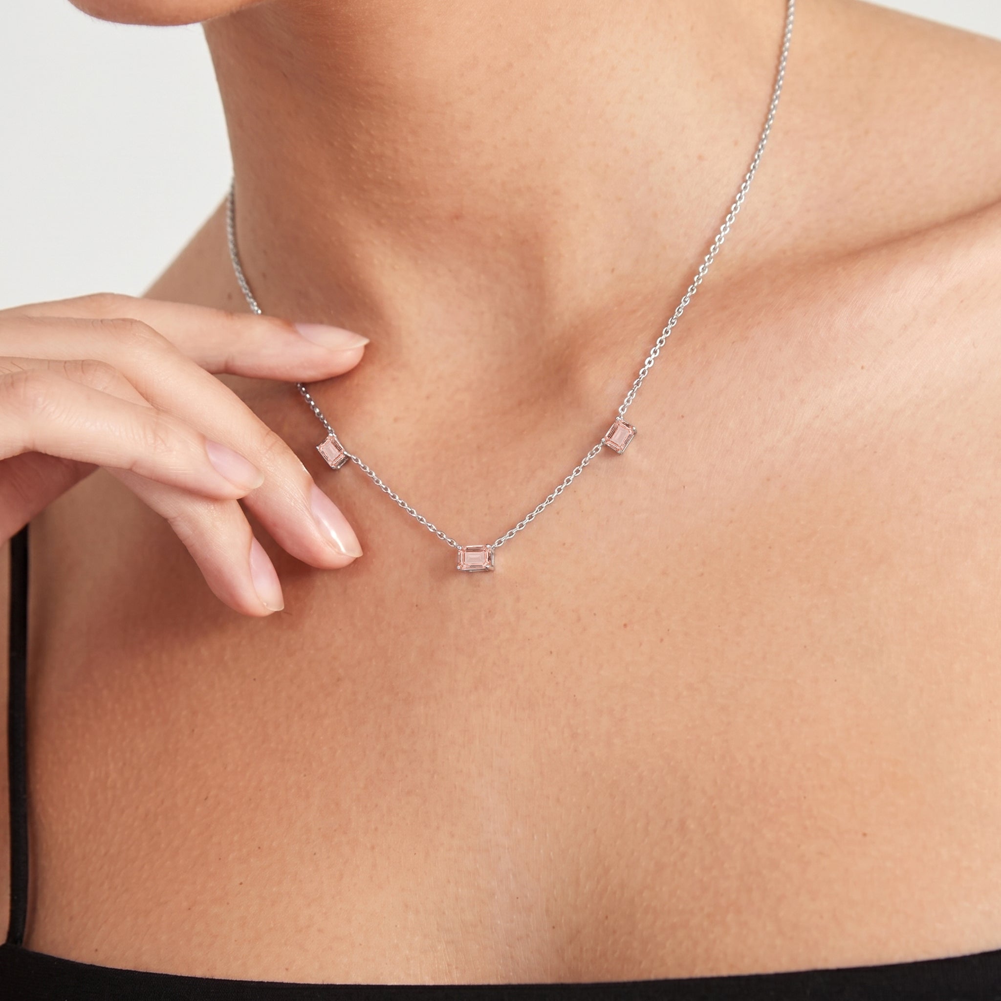 Genuine Morganite station necklace with a delicate 16-inch adjustable chain.
