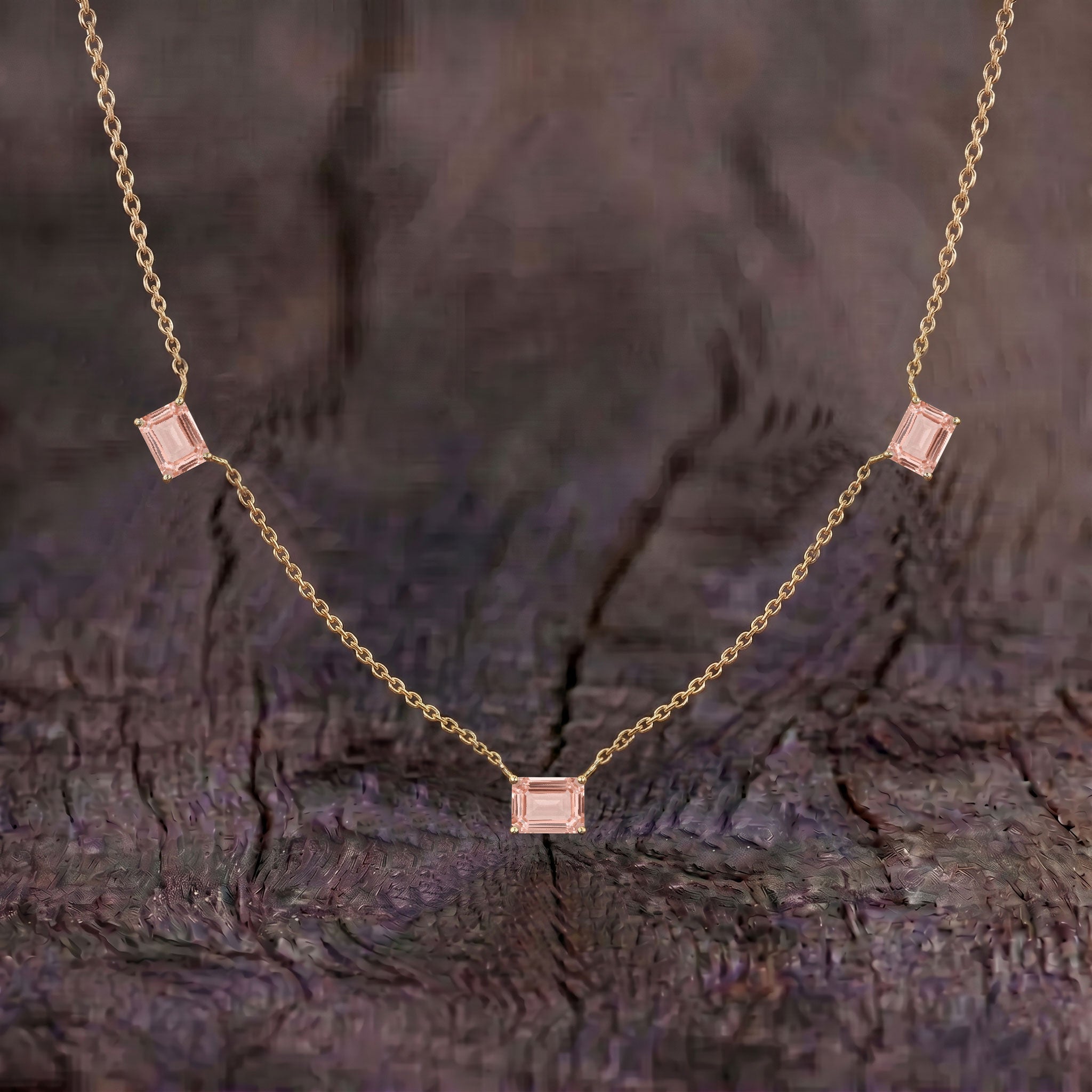 Morganite gemstone necklace in Rose Gold Filled with timeless station design.
