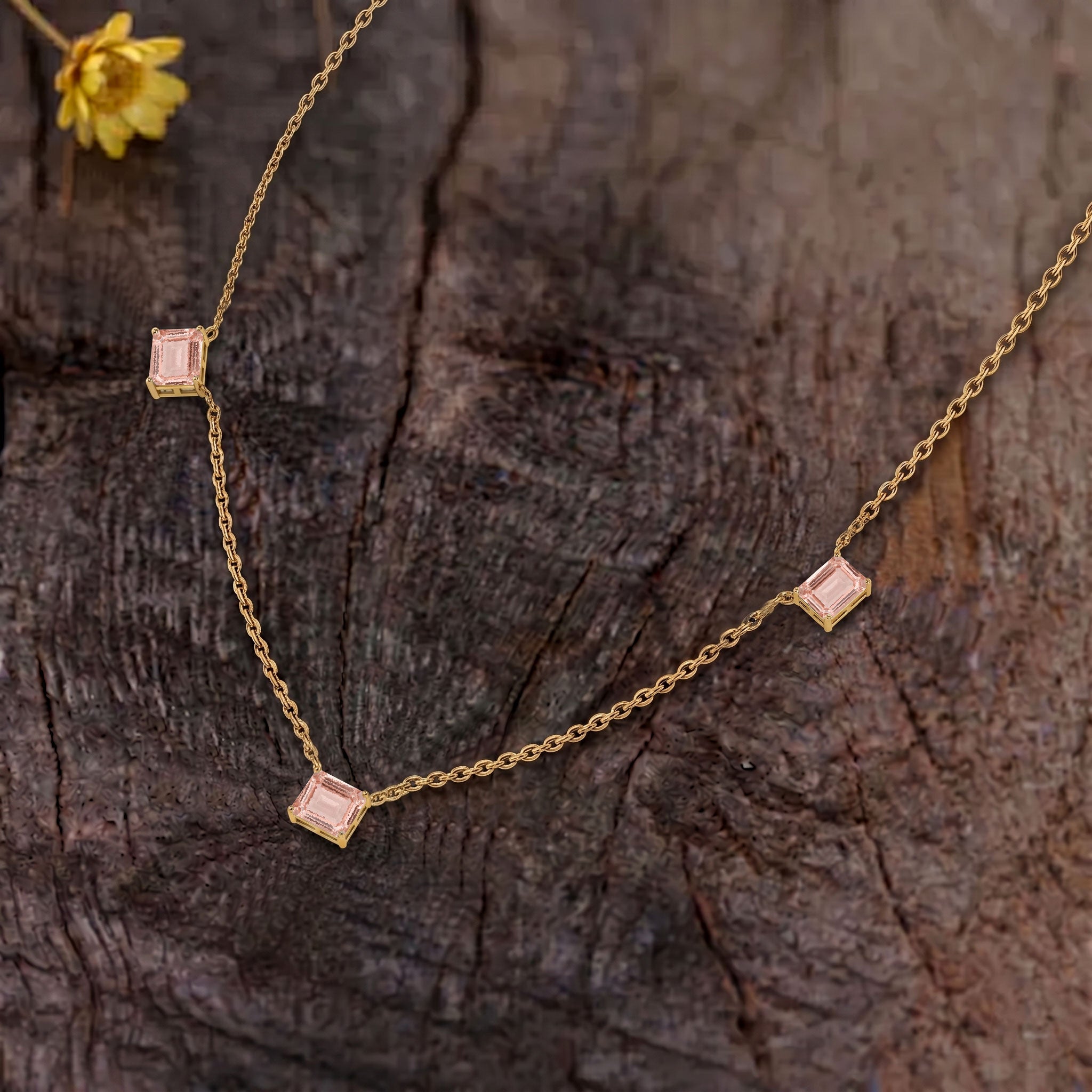 Luxury Morganite station necklace with genuine octagon-cut gemstones.
