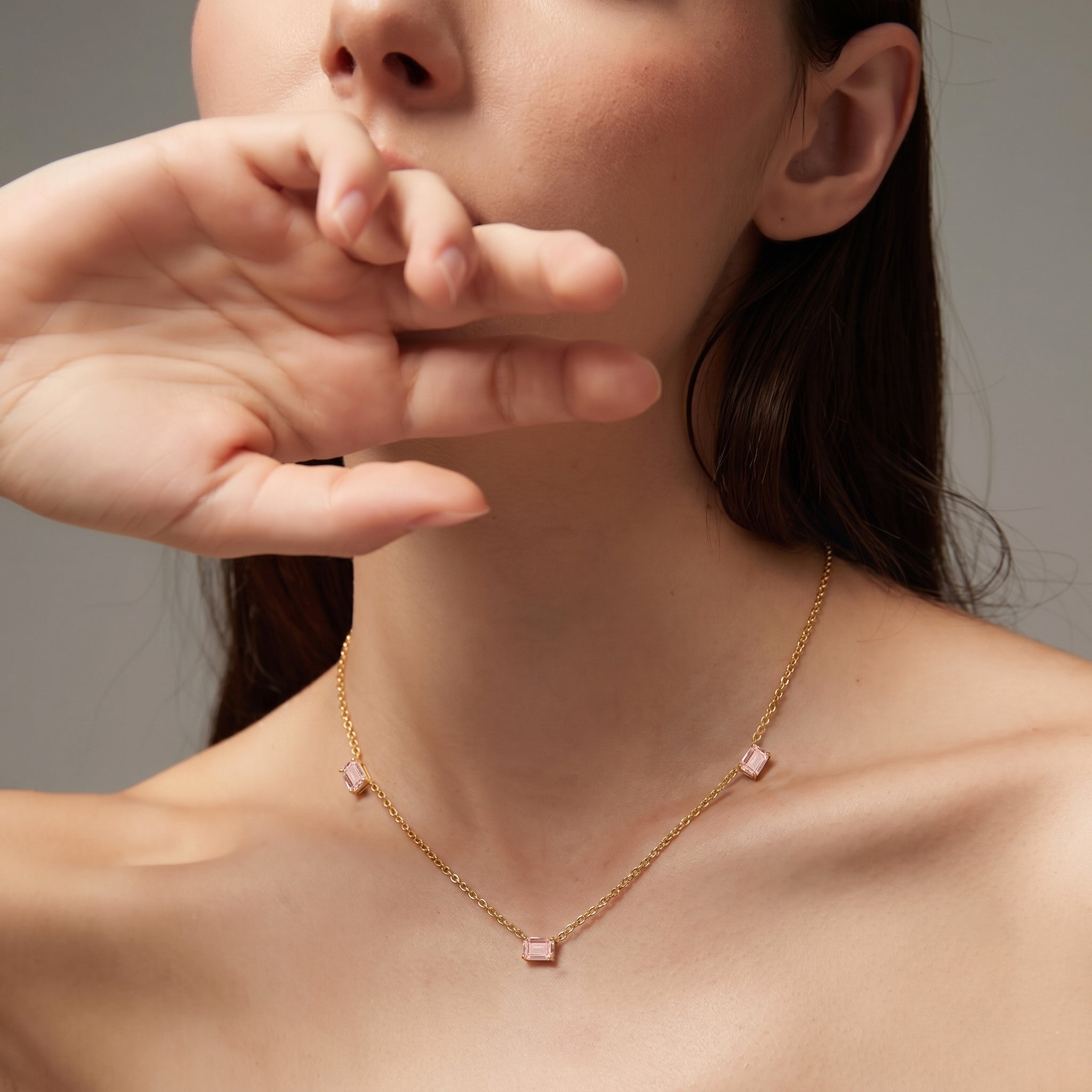 Delicate pink Morganite gemstone necklace for bridal and everyday wear.
