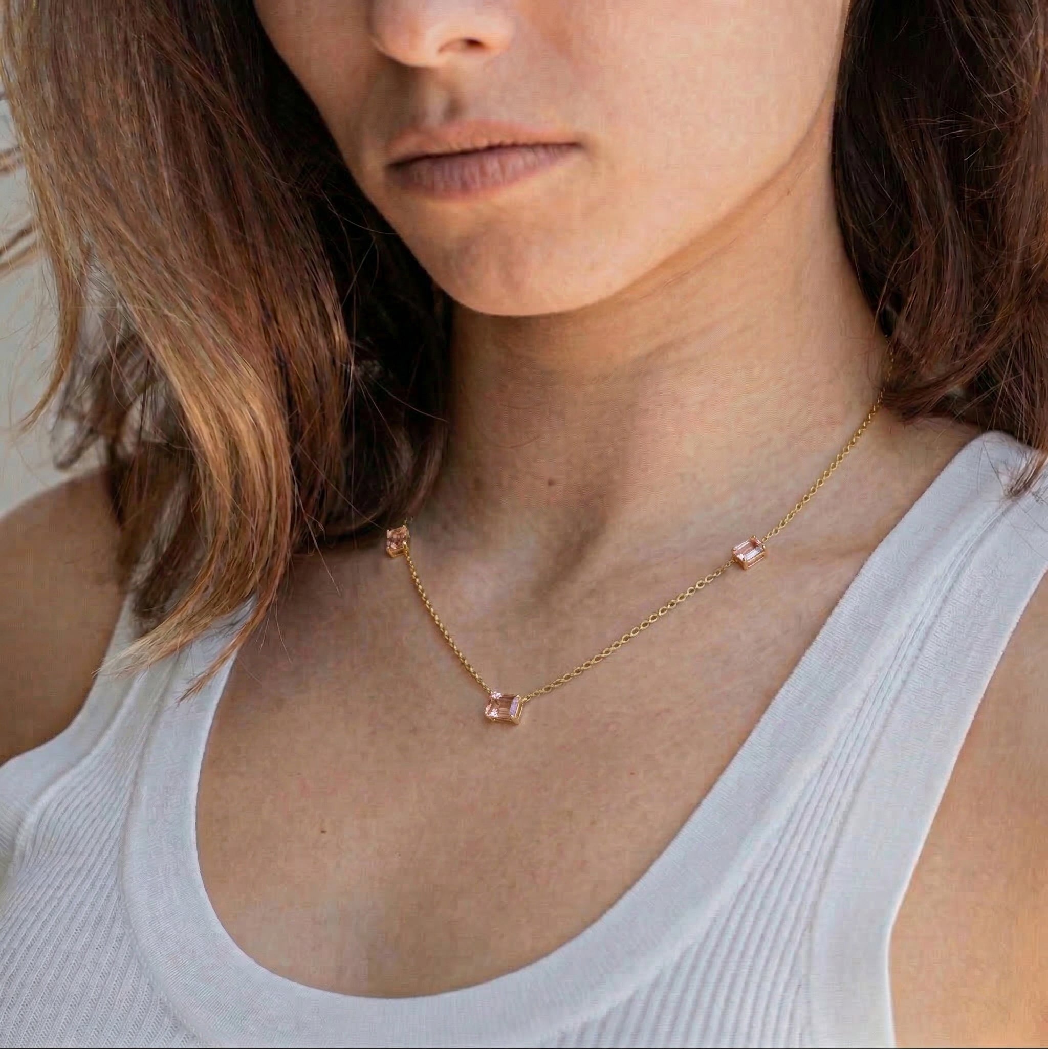 Genuine Morganite fine jewelry necklace featuring minimalist three stone station style
