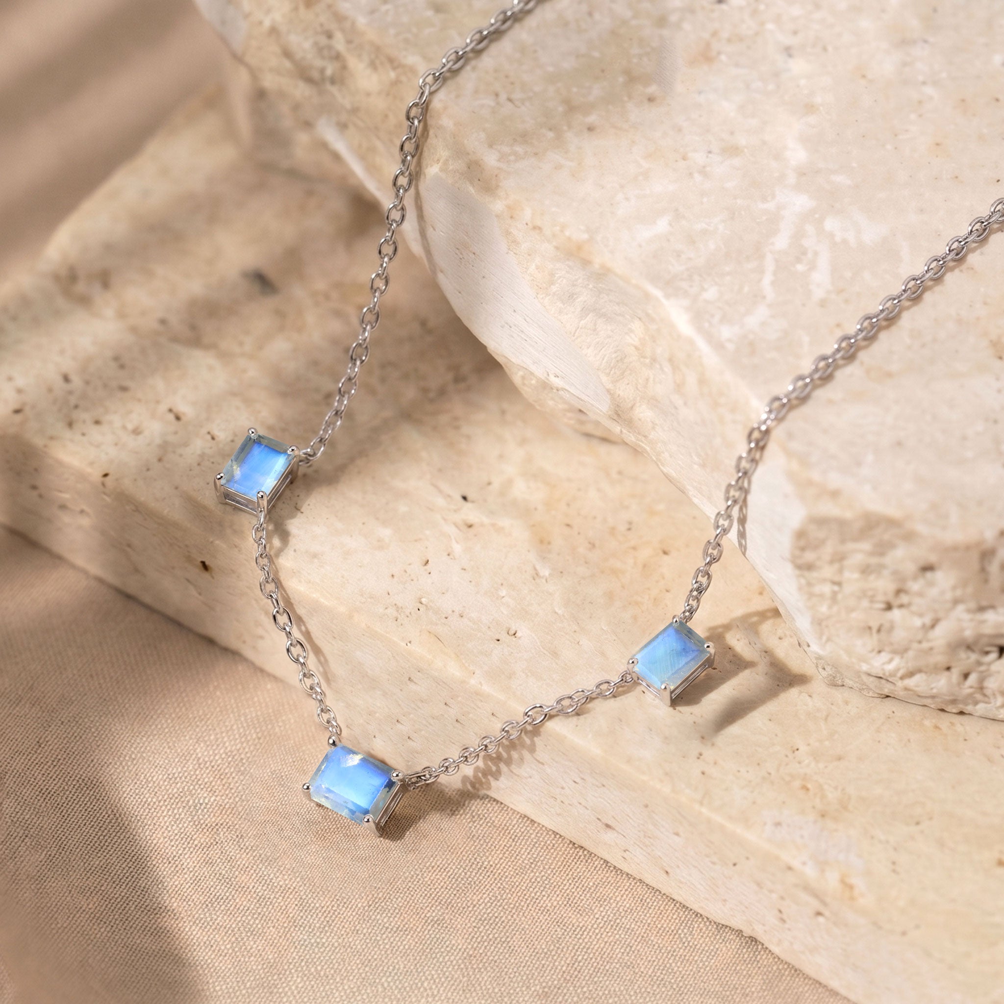 Rose Gold Filled AAA Moonstone Three Stone Station Necklace.
