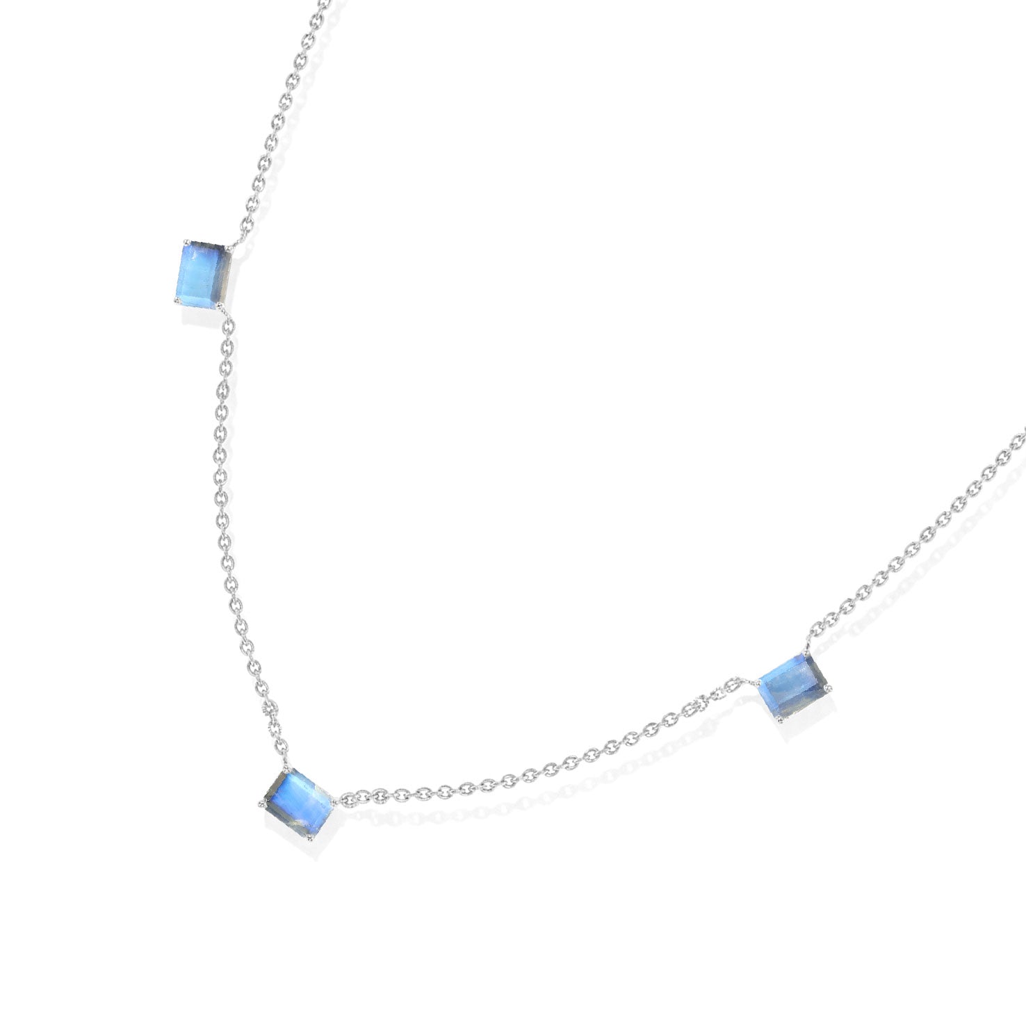 AAA Moonstone June birthstone necklace with three gemstone stations and delicate chain design
