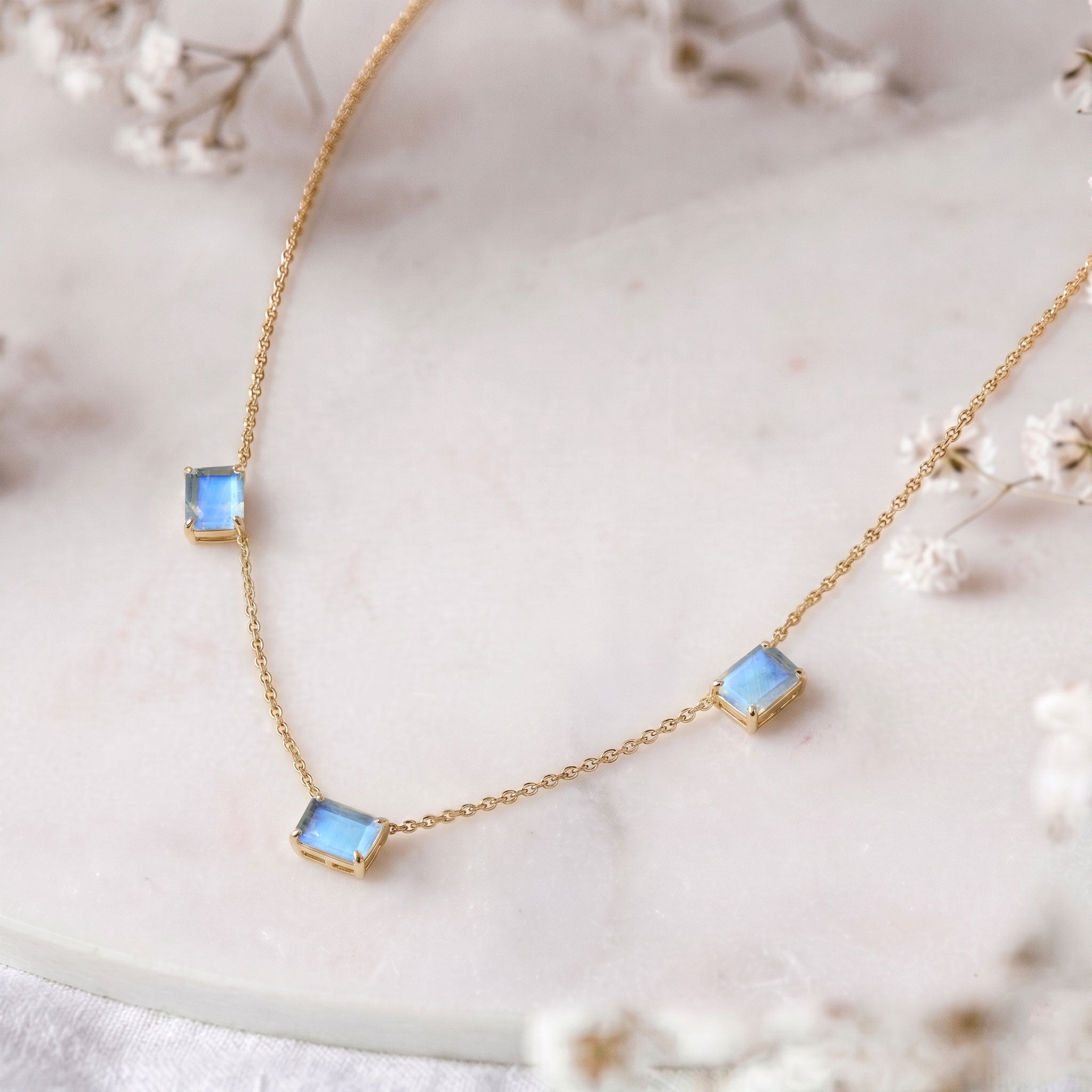 Dainty Moonstone station necklace with a 16-inch chain and 2-inch extender.
