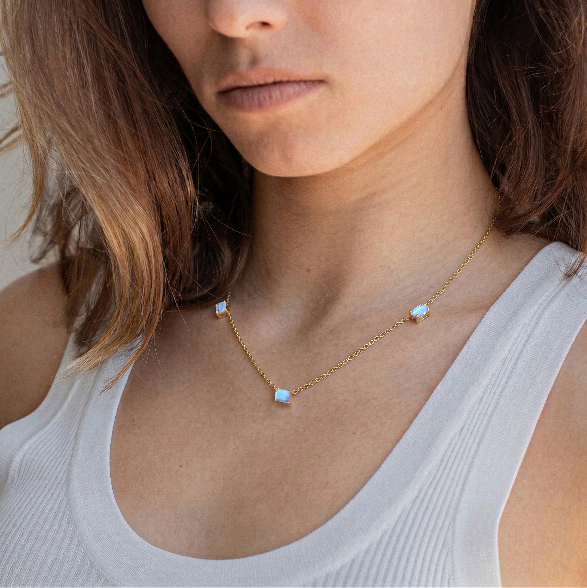Fine jewelry Moonstone three stone necklace with minimalist station design for women
