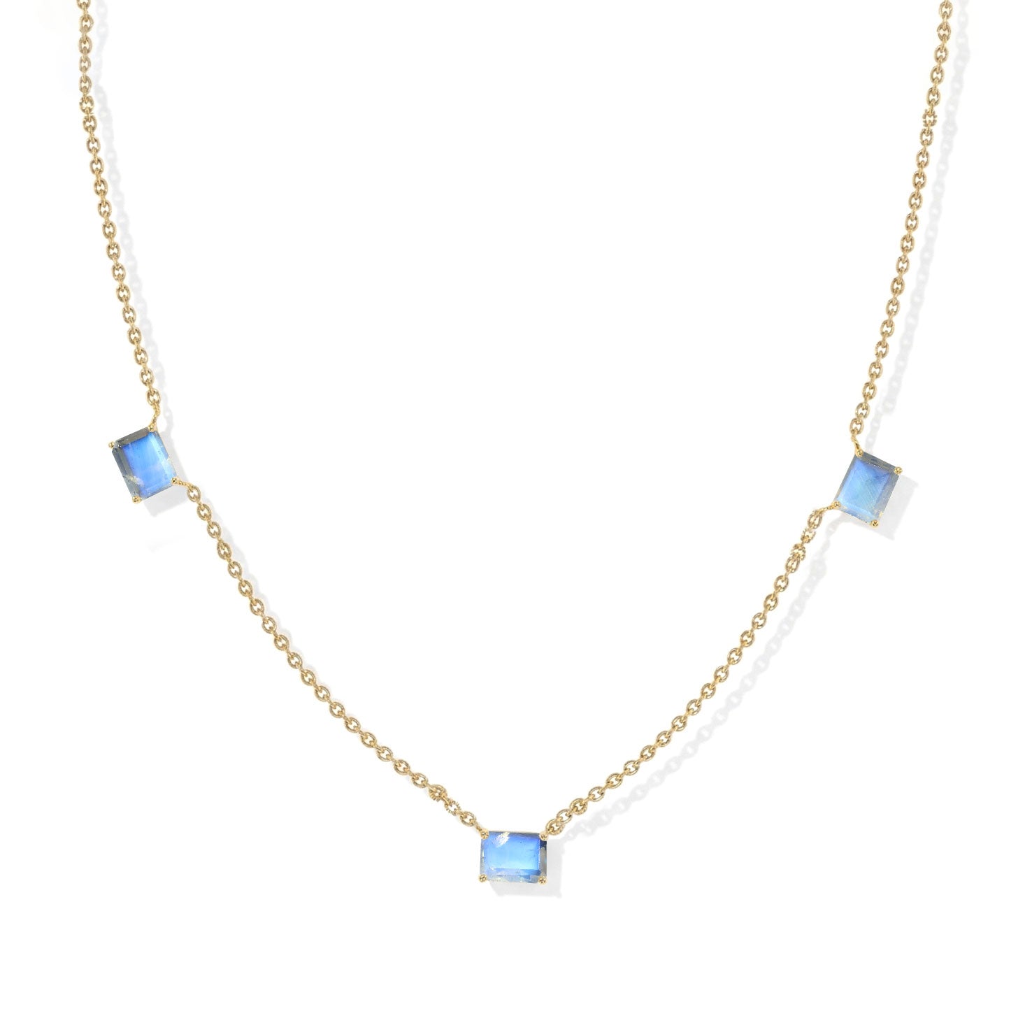 AAA Moonstone Three Stone Station Necklace with luminous gemstones."