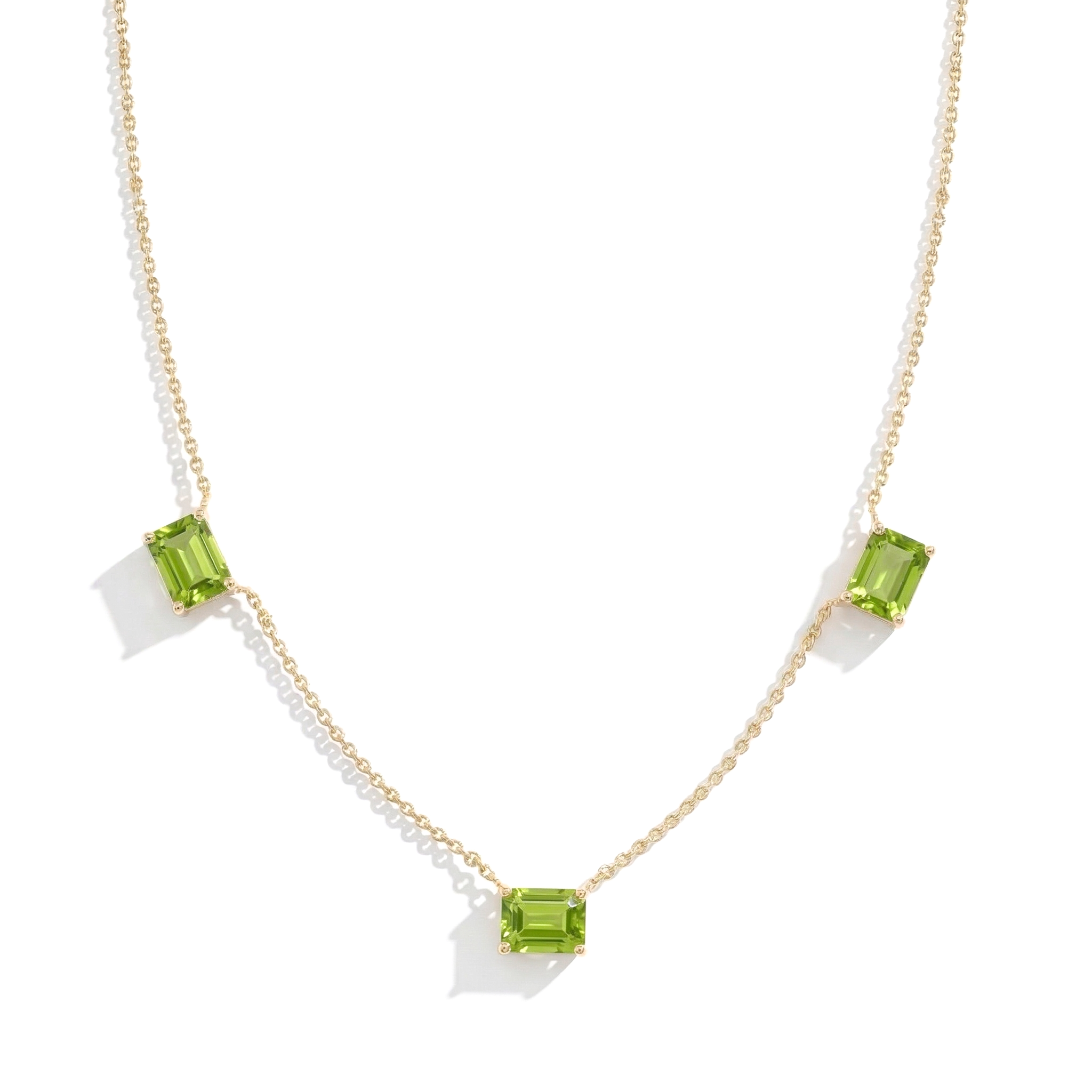 Handcrafted AAA Peridot three stone necklace in 925 Sterling Silver for everyday wear
