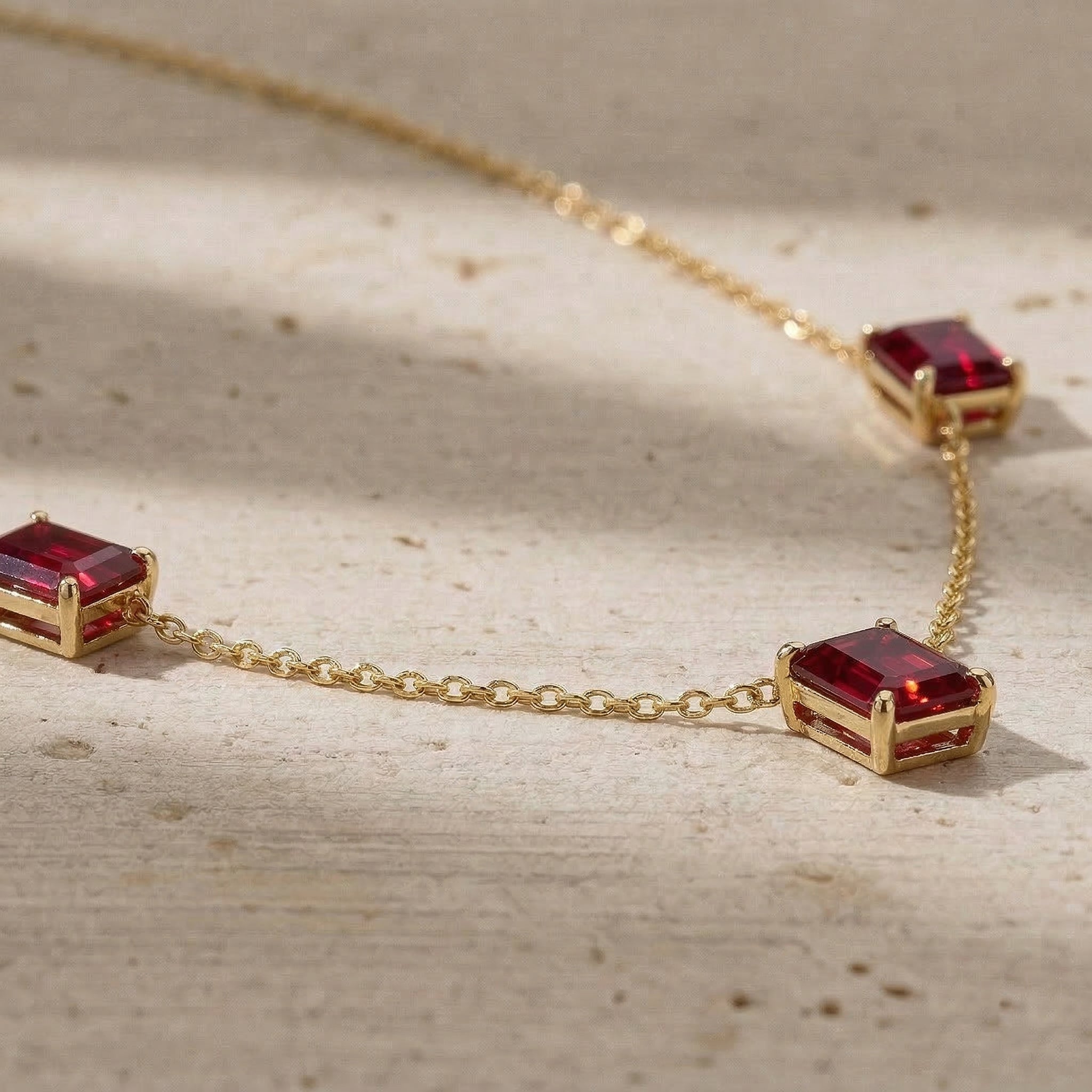 Minimalist Ruby layering necklace with three octagon-cut gemstones for women
