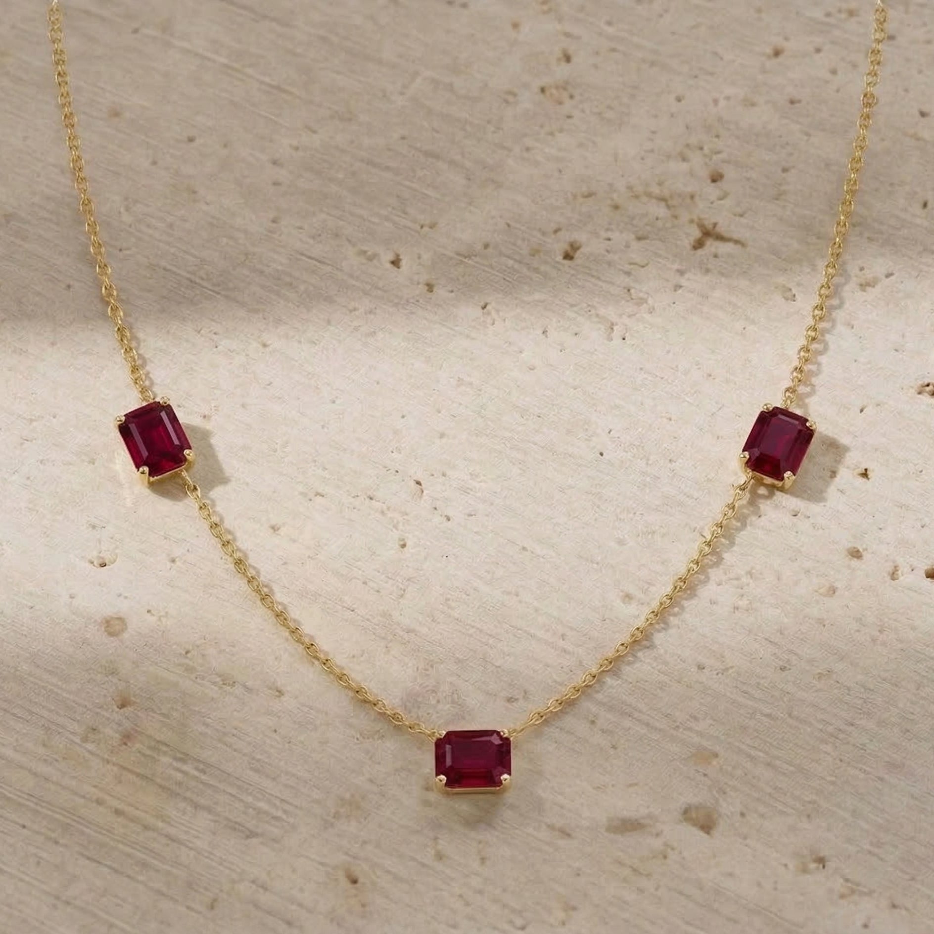 Elegant Ruby station necklace with genuine red gemstones and minimalist design
