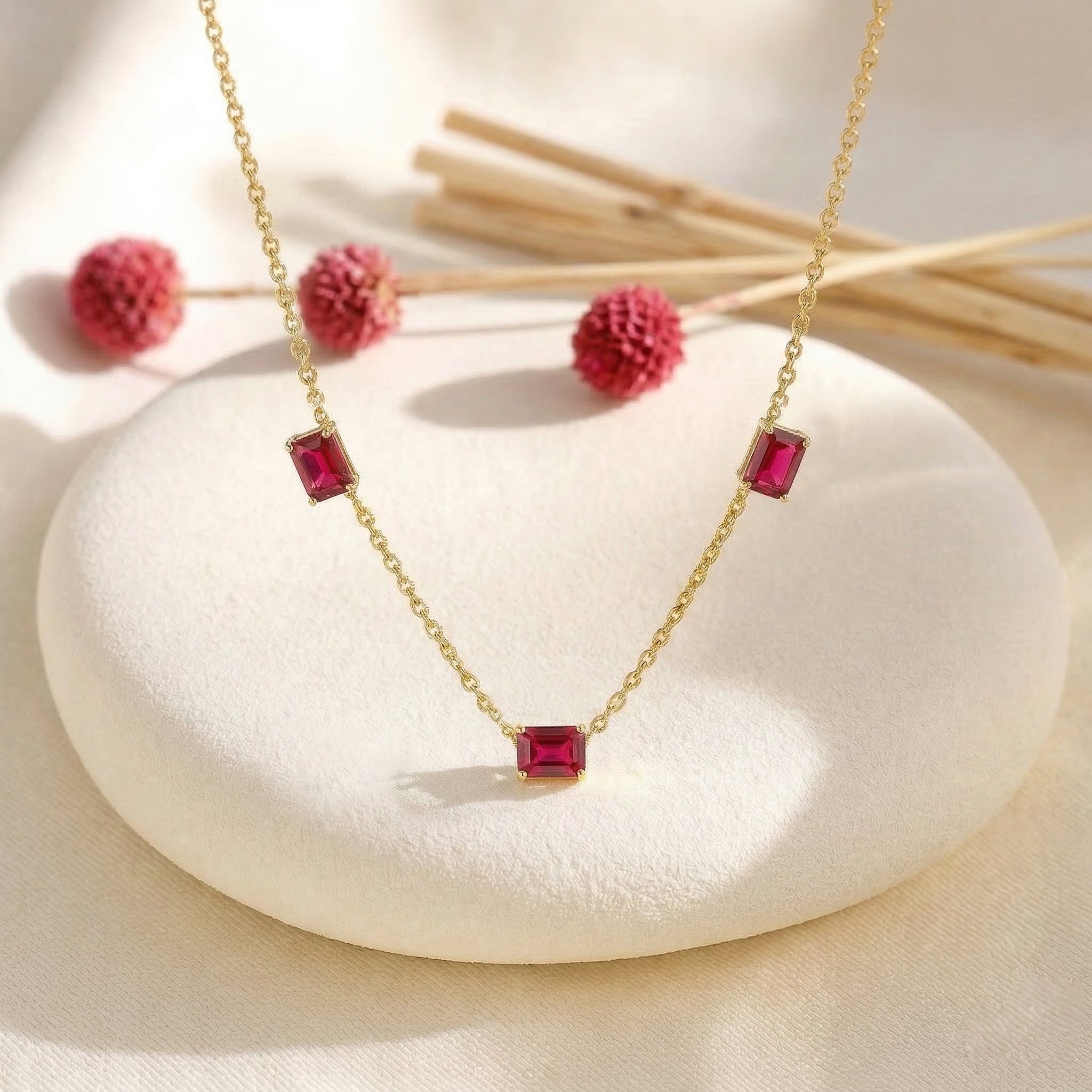 Natural Ruby fine jewelry necklace crafted with three stunning gemstone stones
