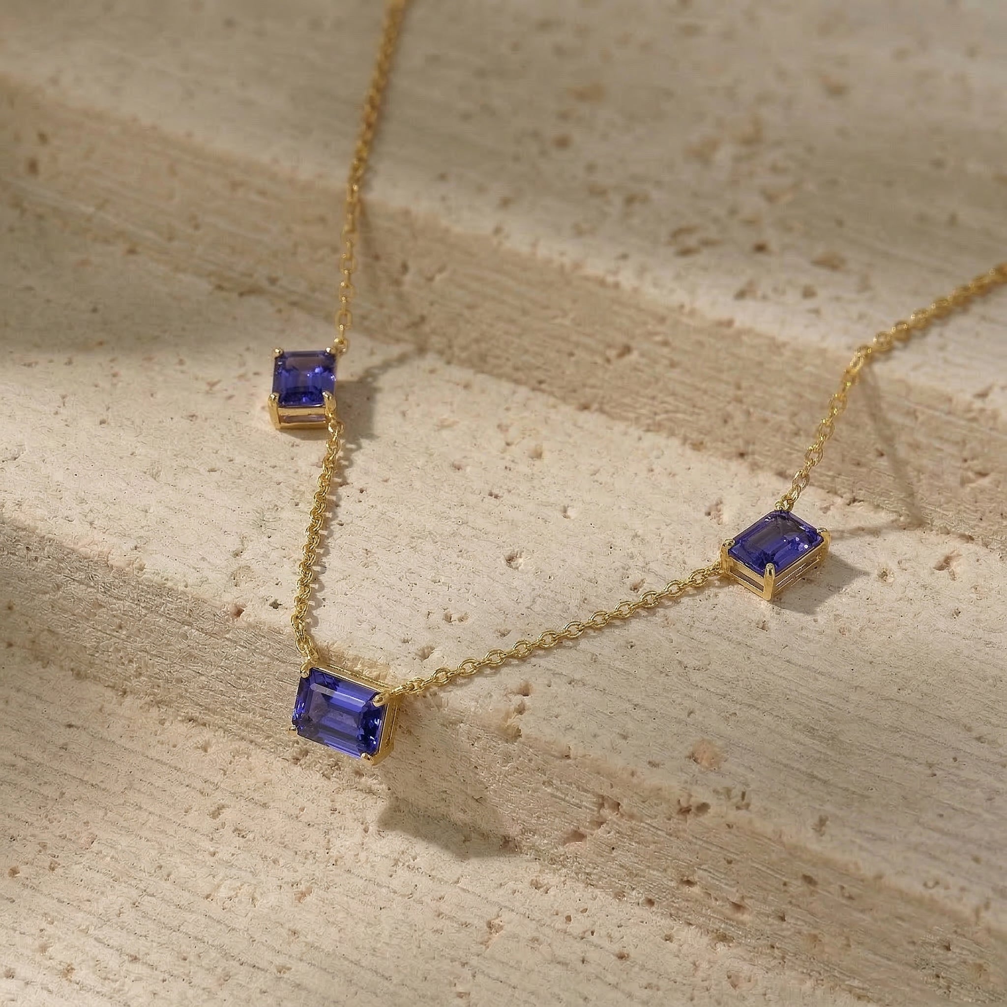 Handmade AAA Tanzanite necklace with three stone birthstone design
