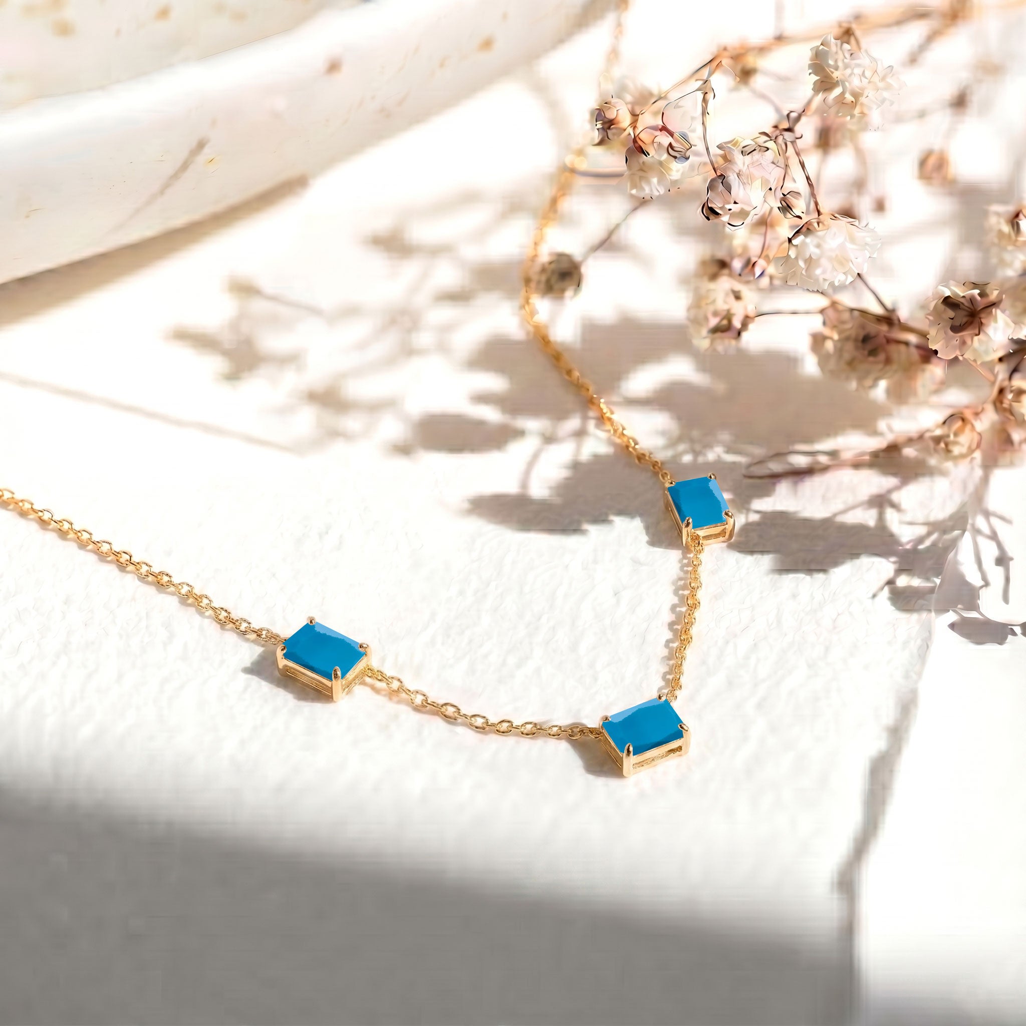 Yellow gold filled Turquoise station necklace jewelry
