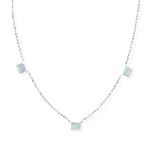 Natural White Opal Three Stone Station Necklace in Yellow Gold Filled & 925 Sterling Silver