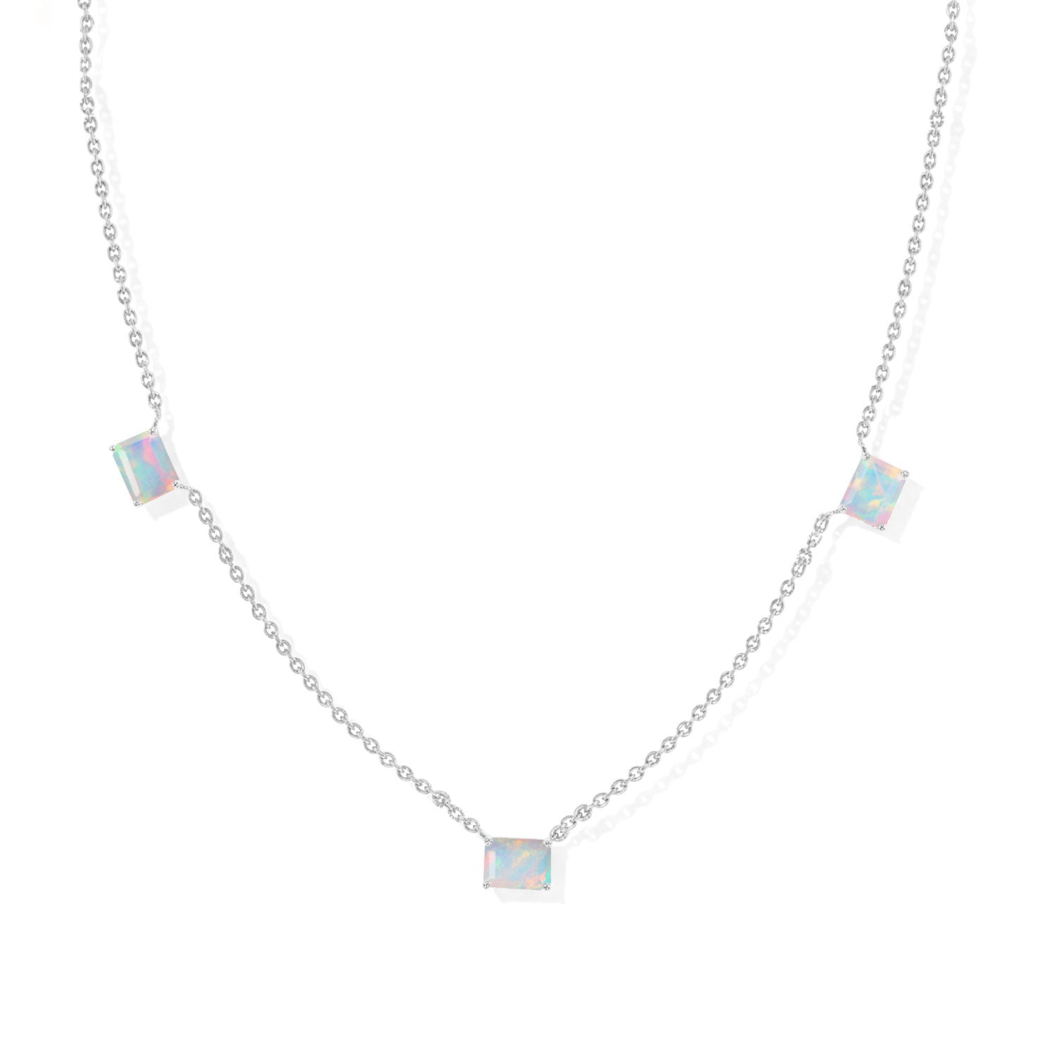 "AAA Black Opal Three Stone Octagon Station Necklace in 925 Sterling Silver.
