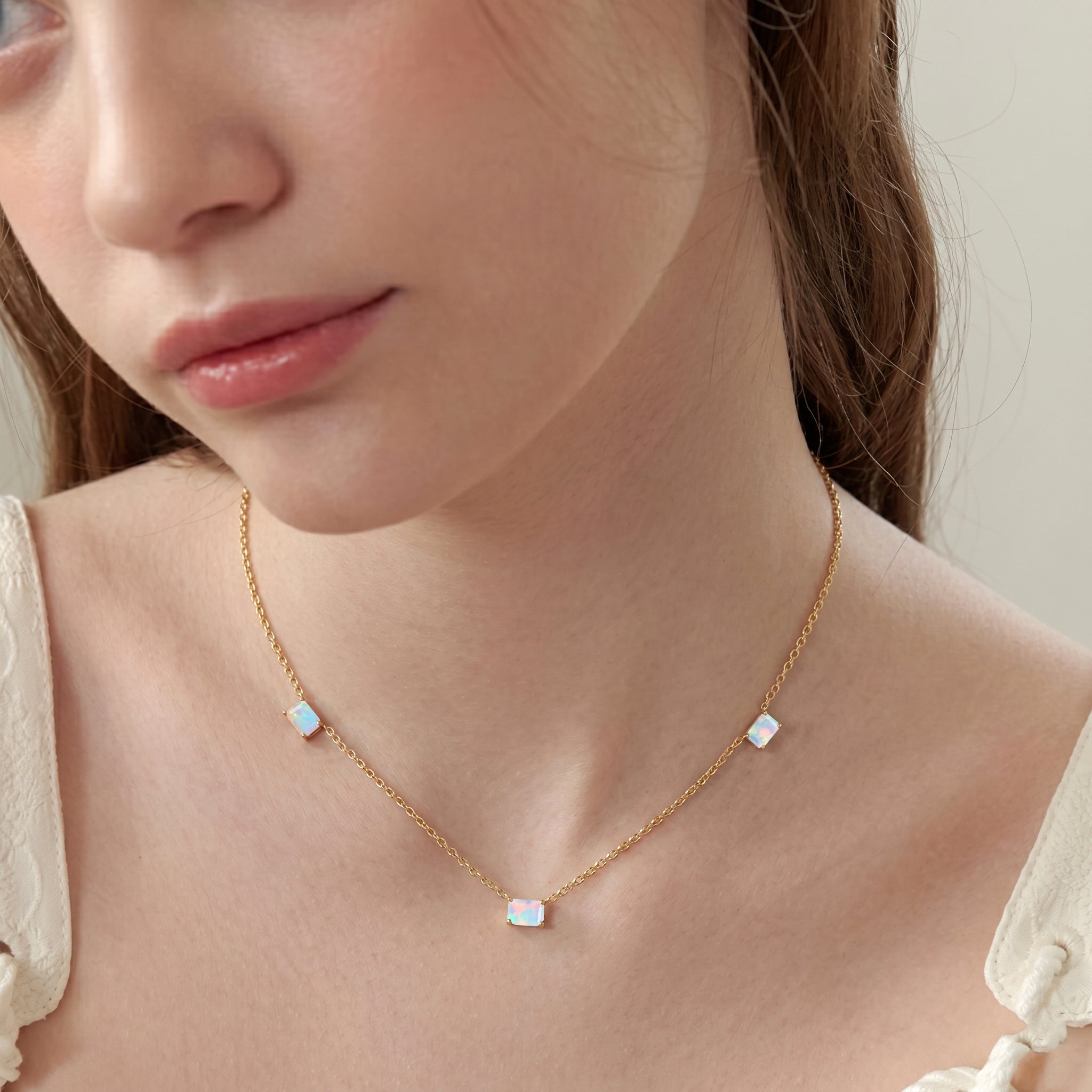 Adjustable White Opal gemstone necklace with extender chain
