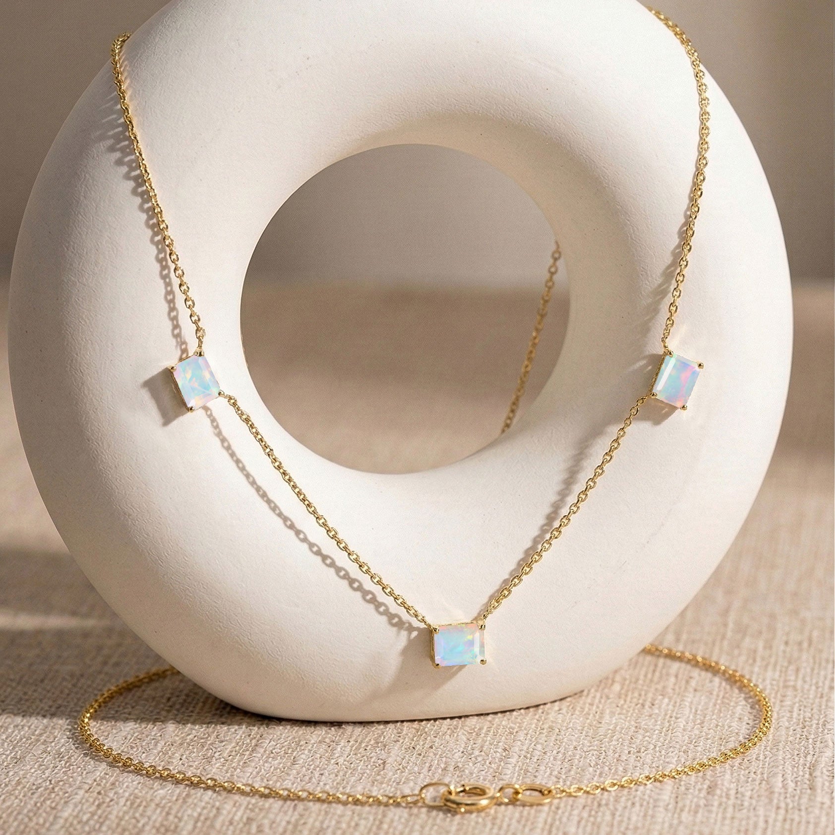 Yellow gold filled White Opal gemstone station necklace

