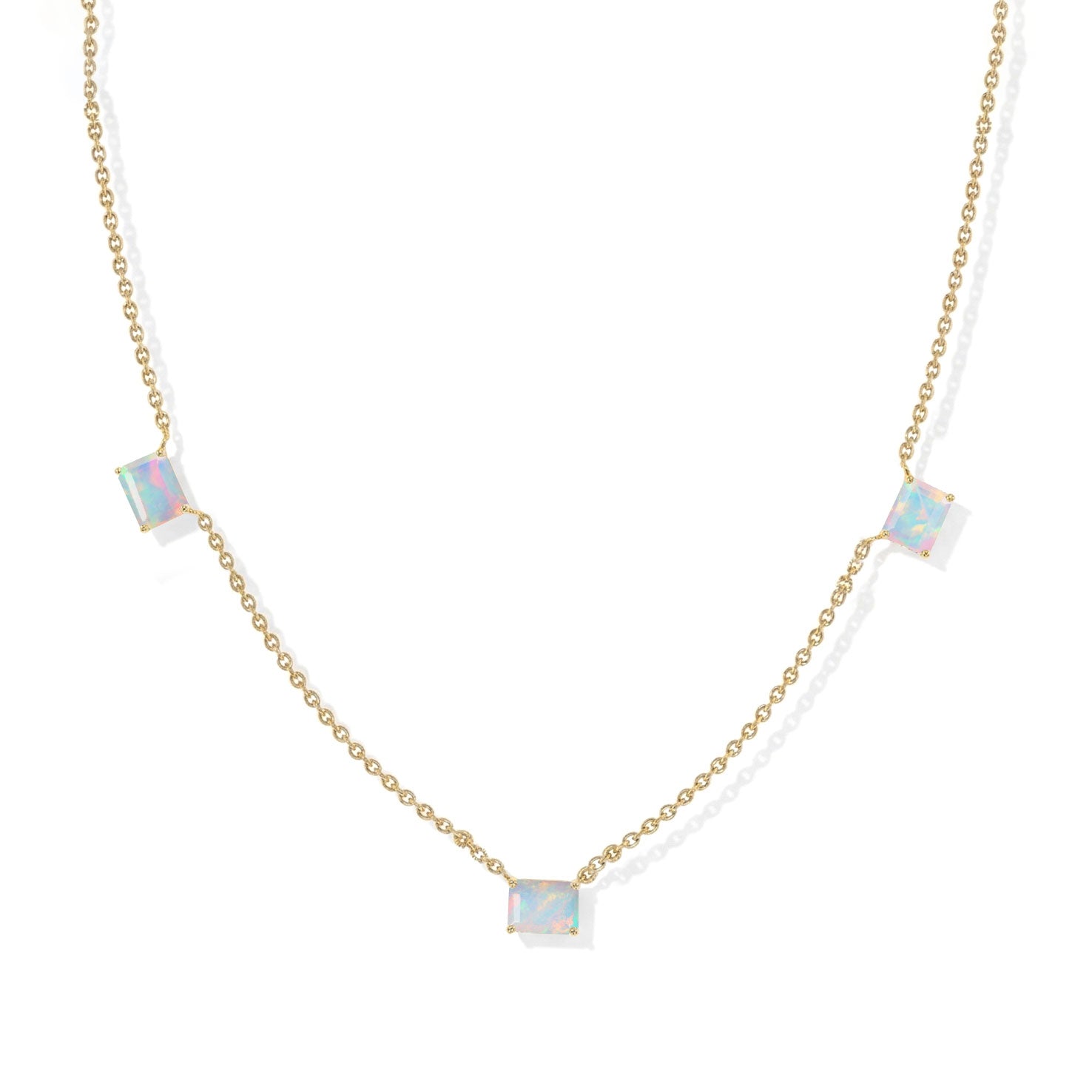 Black Opal station necklace featuring three 8x6mm octagon-cut gemstones.
