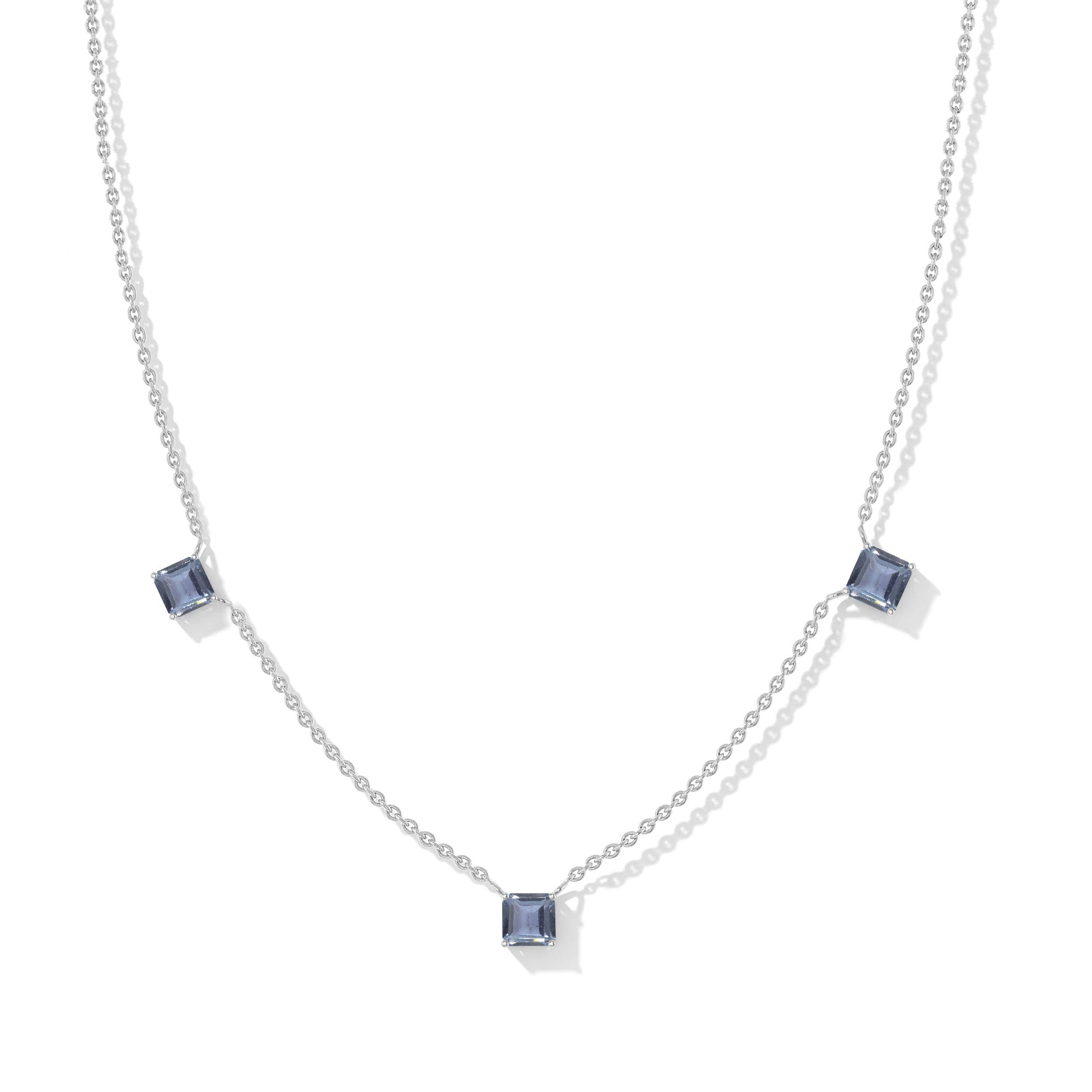 "Elegant Alexandrite Asscher cut necklace with three square gemstones in sterling silver.

