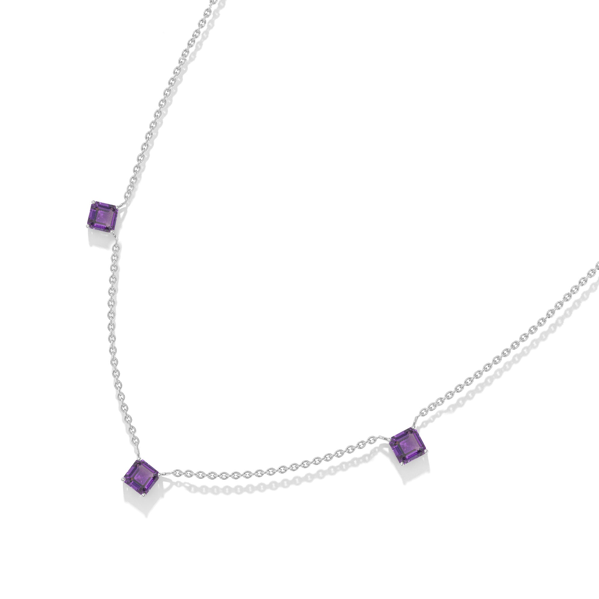 Luxury Asscher cut Amethyst necklace with three gemstones for fine jewelry lovers.
