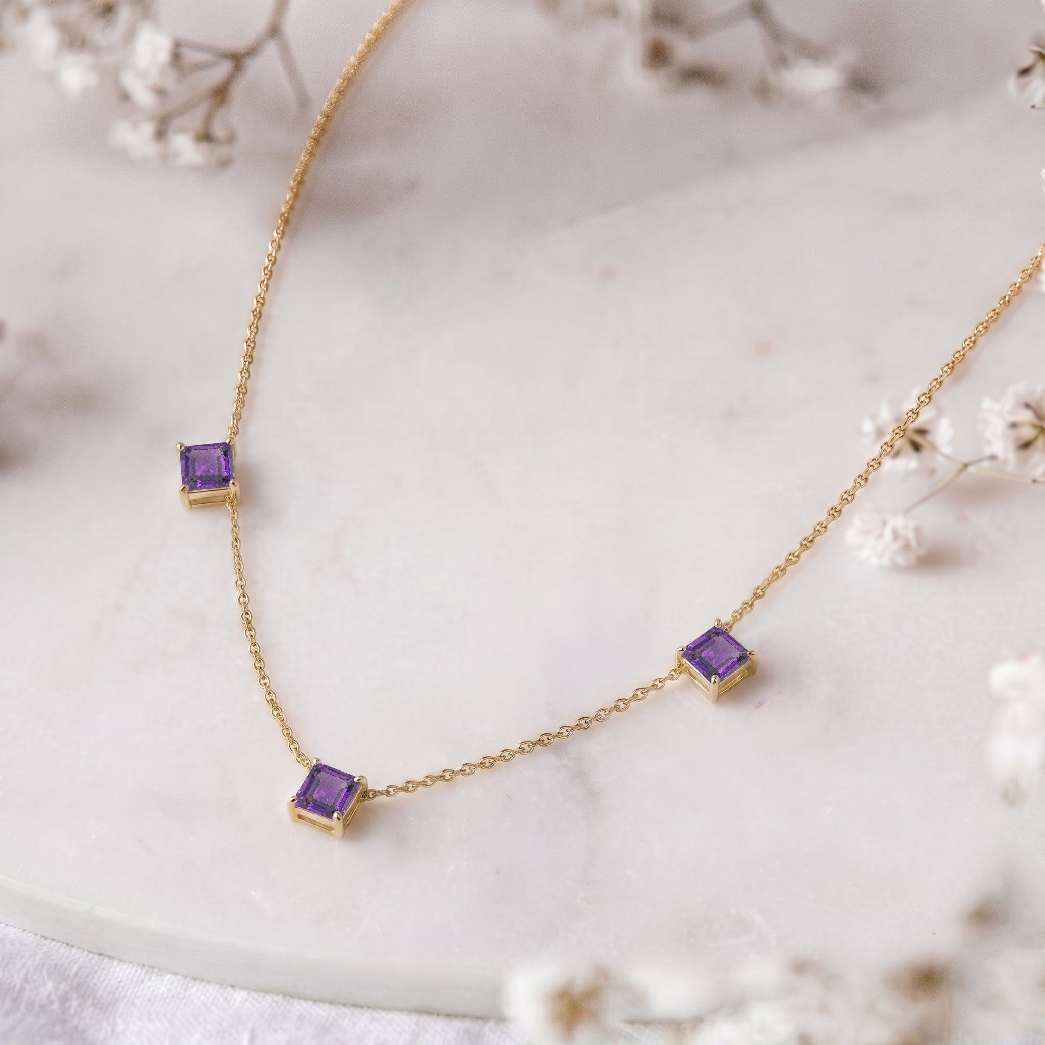 Fine gemstone Amethyst necklace featuring Asscher cut stones for layering and special occasions.
