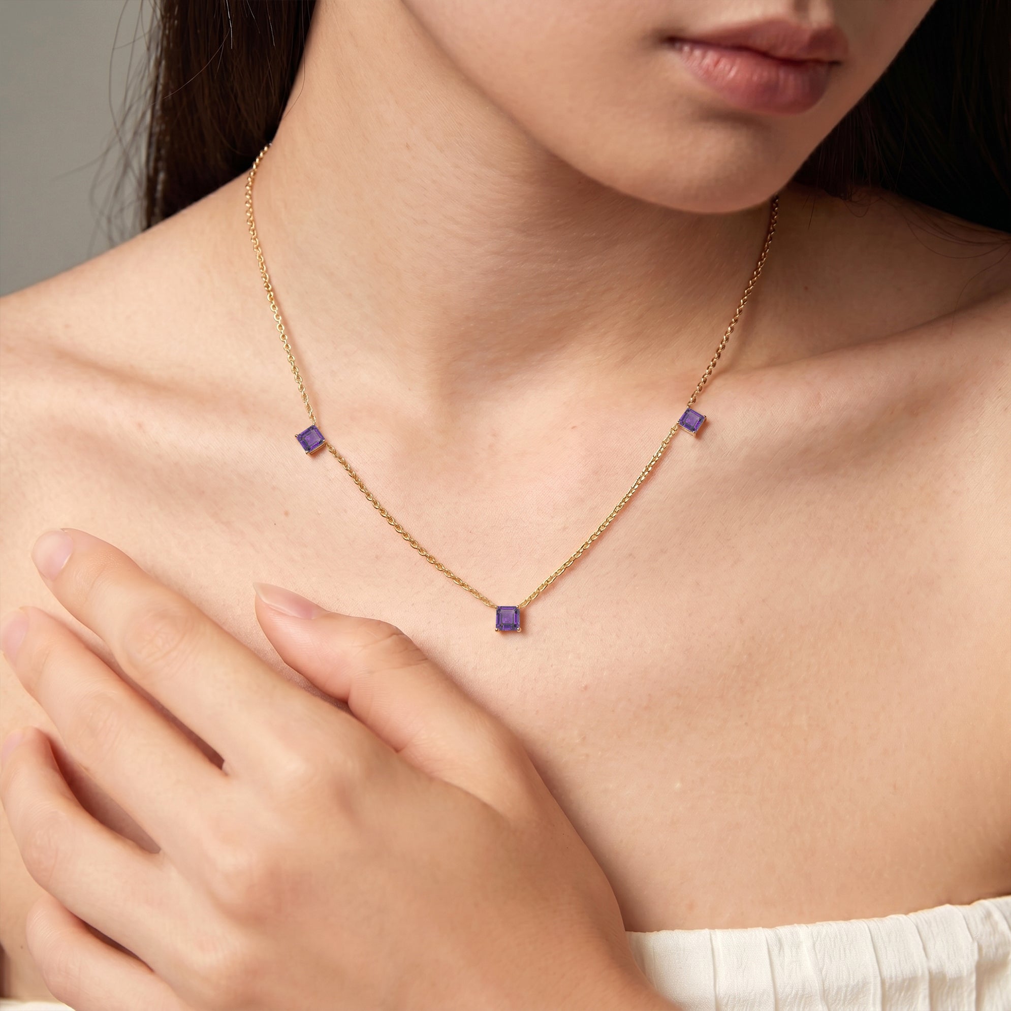 Handmade Amethyst necklace in 925 sterling silver with yellow gold filled finish.
