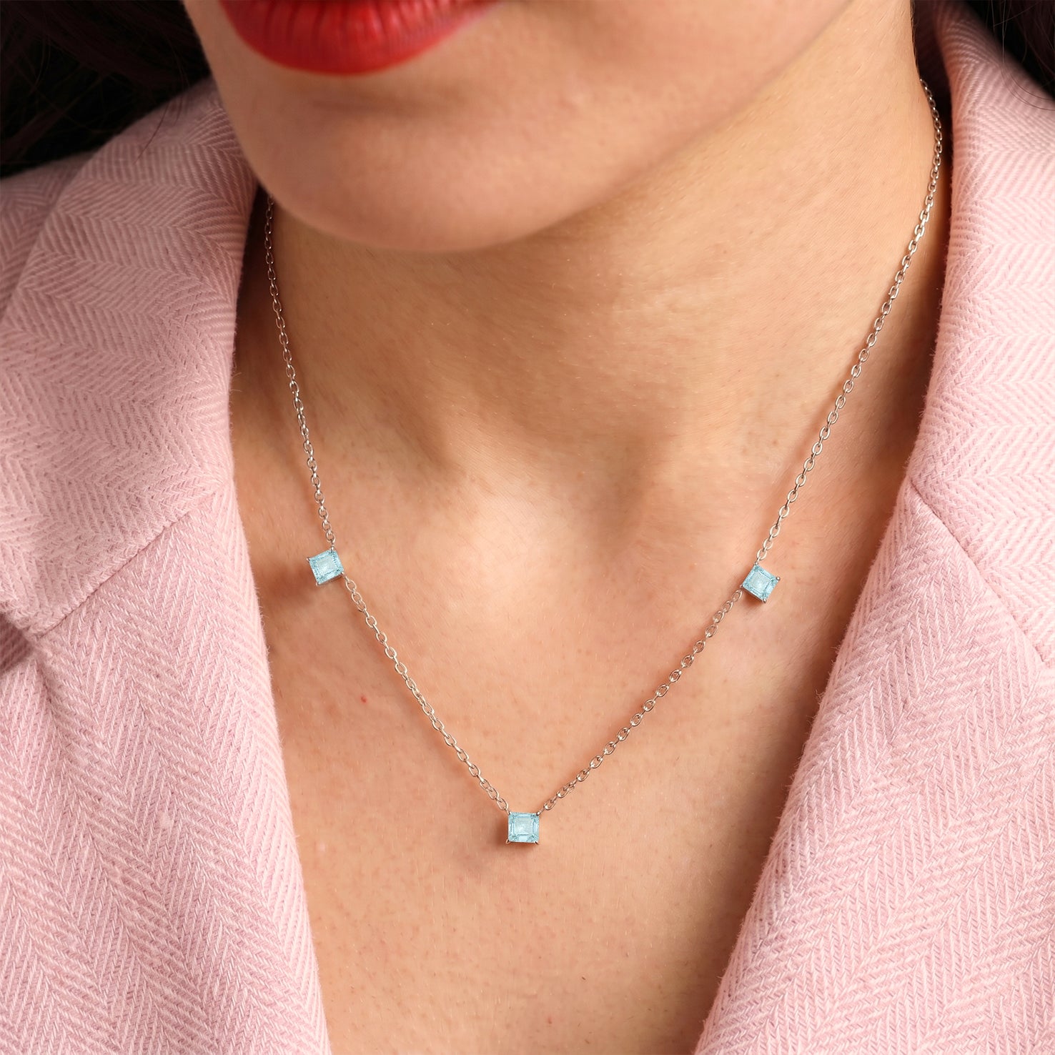 March birthstone Aquamarine necklace with brilliant Asscher cut gemstones.
