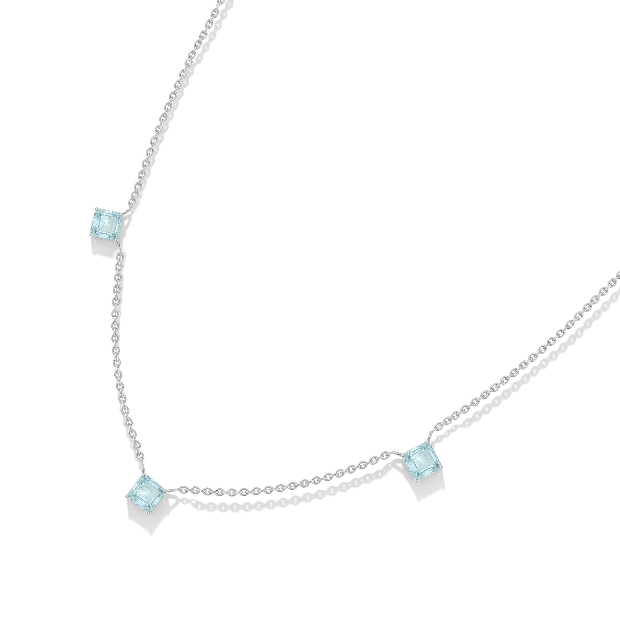 Elegant March birthstone necklace with three Aquamarine gemstones.
