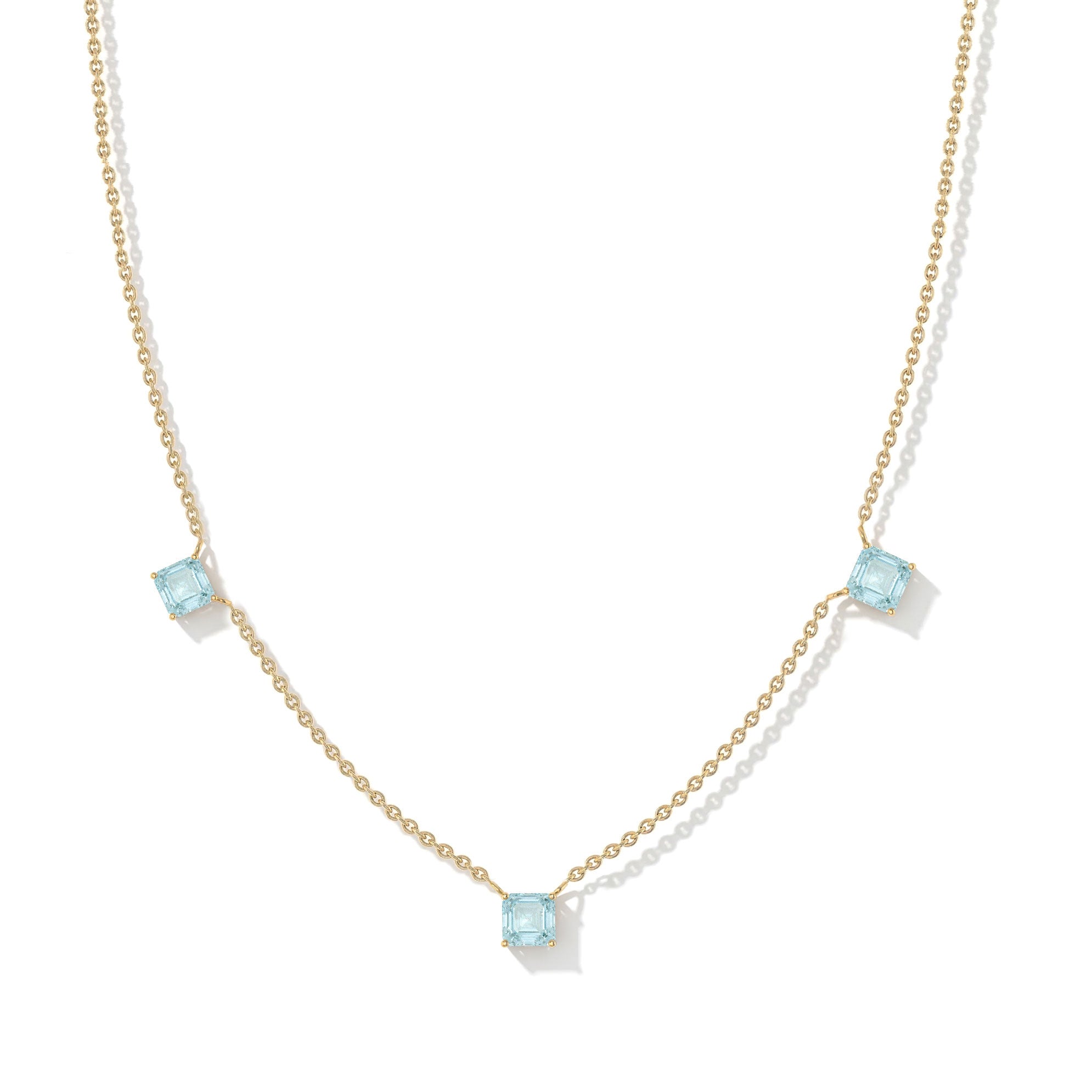 Luxury Aquamarine gemstone necklace with three sparkling blue stones.
