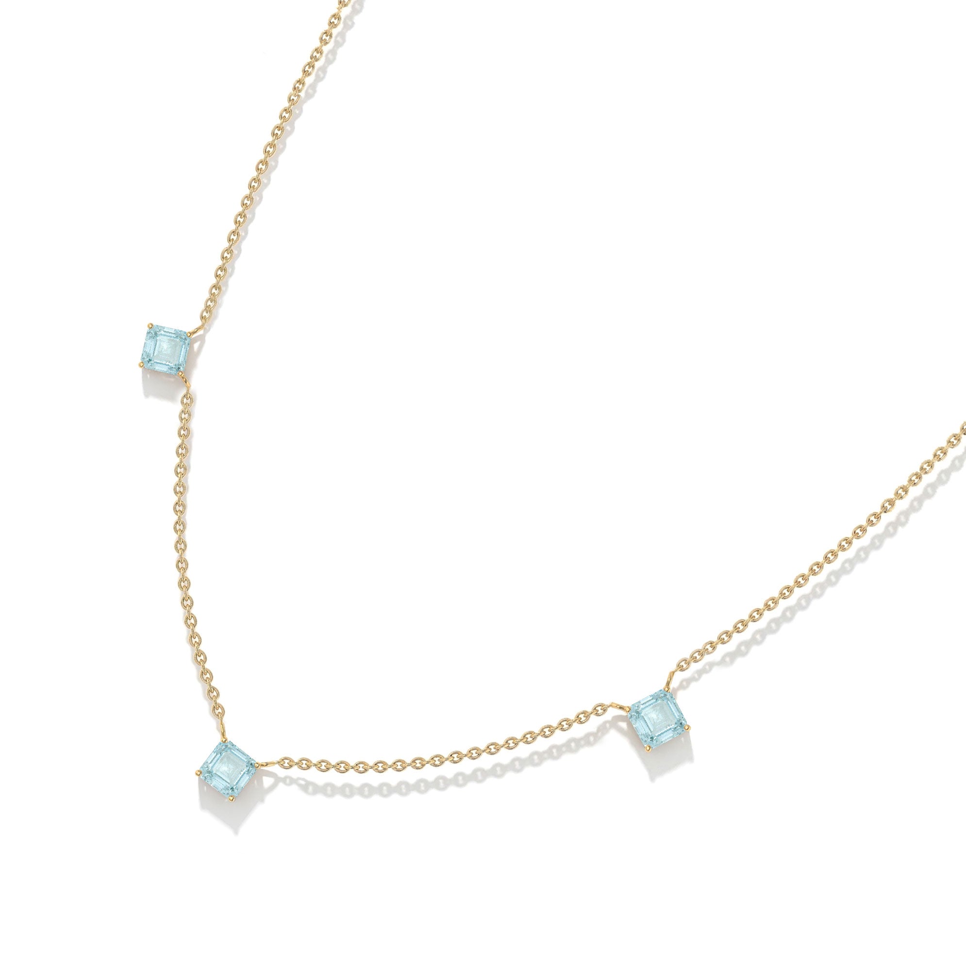 Adjustable Aquamarine necklace with contemporary Asscher cut gemstones.
