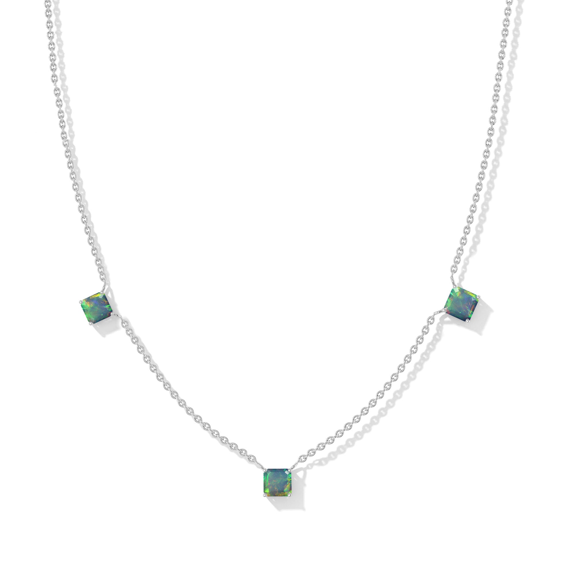 "Elegant Natural Black Opal Asscher cut necklace with three square gemstones in sterling silver.
