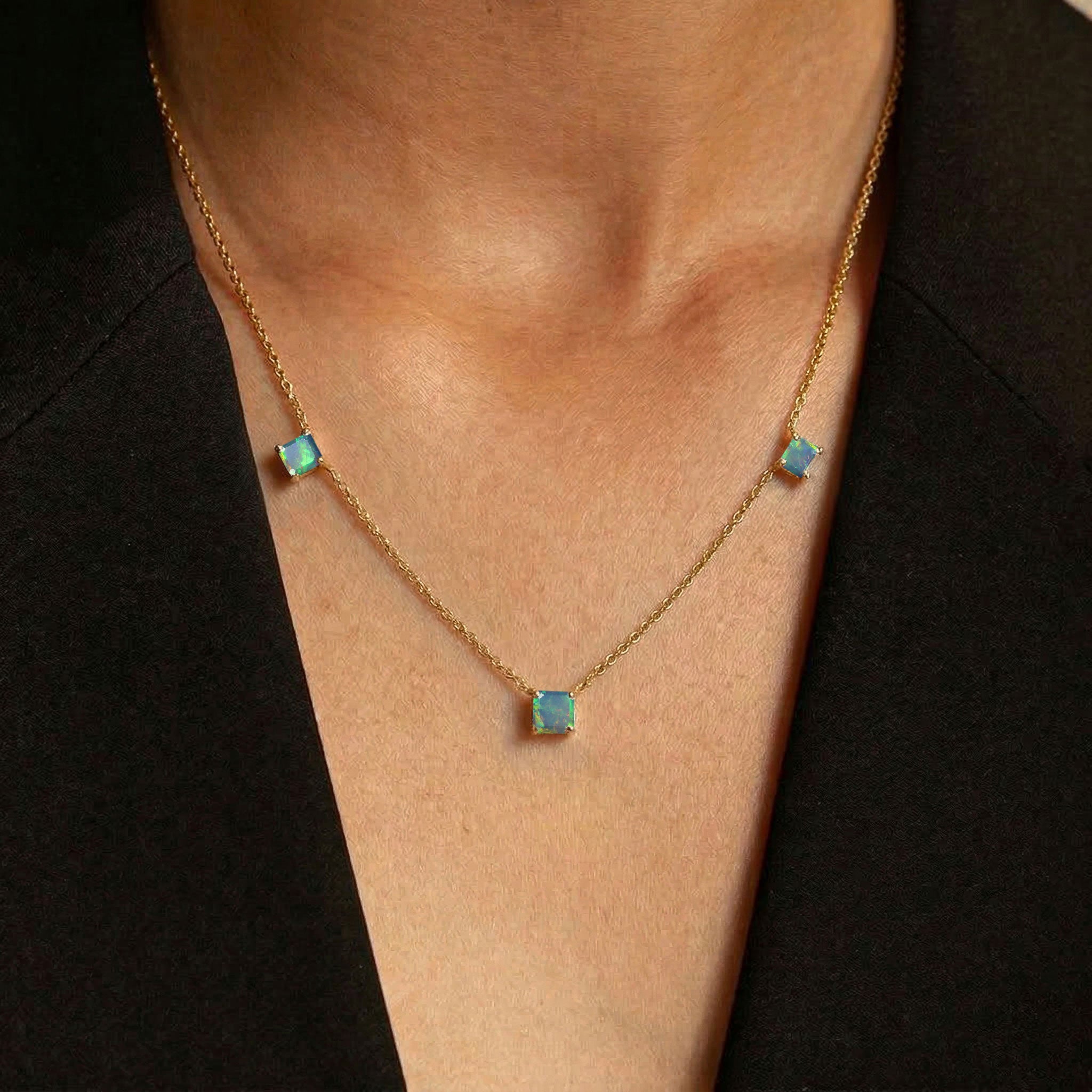 Contemporary Natural Black Opal station necklace with geometric gemstone styling.
