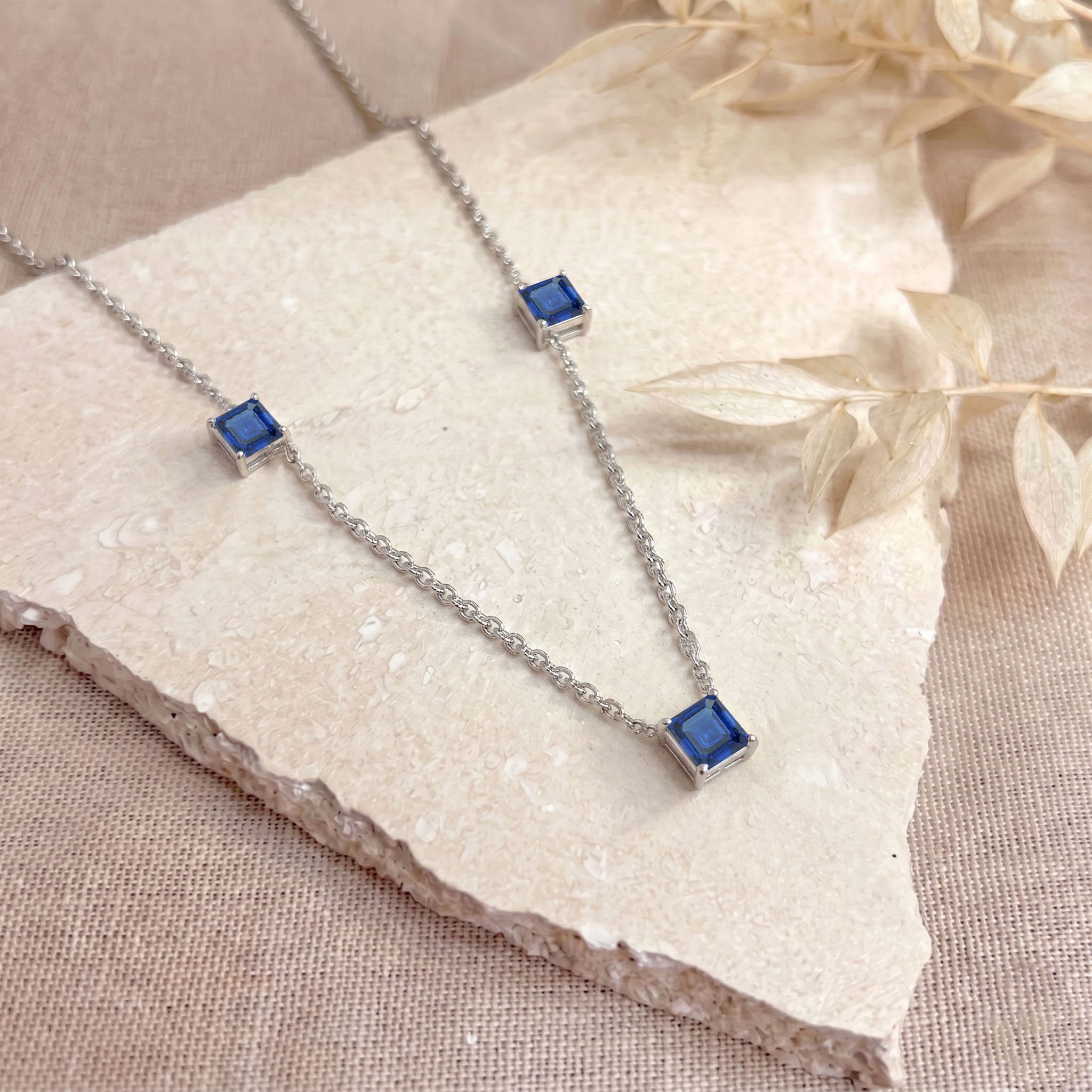 Genuine Blue Sapphire gemstone necklace with adjustable sterling silver chain.

