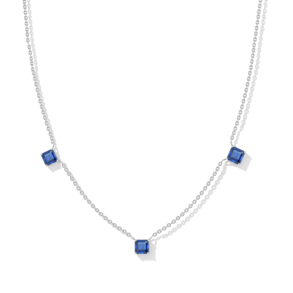 Blue Sapphire Asscher Cut Station Necklace in Sterling Silver