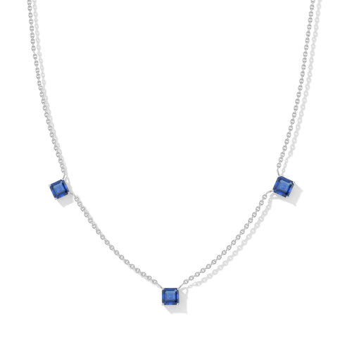 Blue Sapphire Asscher Cut Station Necklace in Sterling Silver