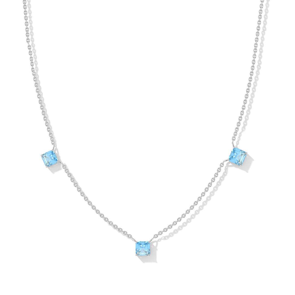 Dainty Blue Topaz Asscher Cut Three Stone Necklace in Sterling Silver