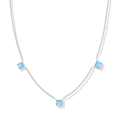 Dainty Blue Topaz Asscher Cut Three Stone Necklace in Sterling Silver