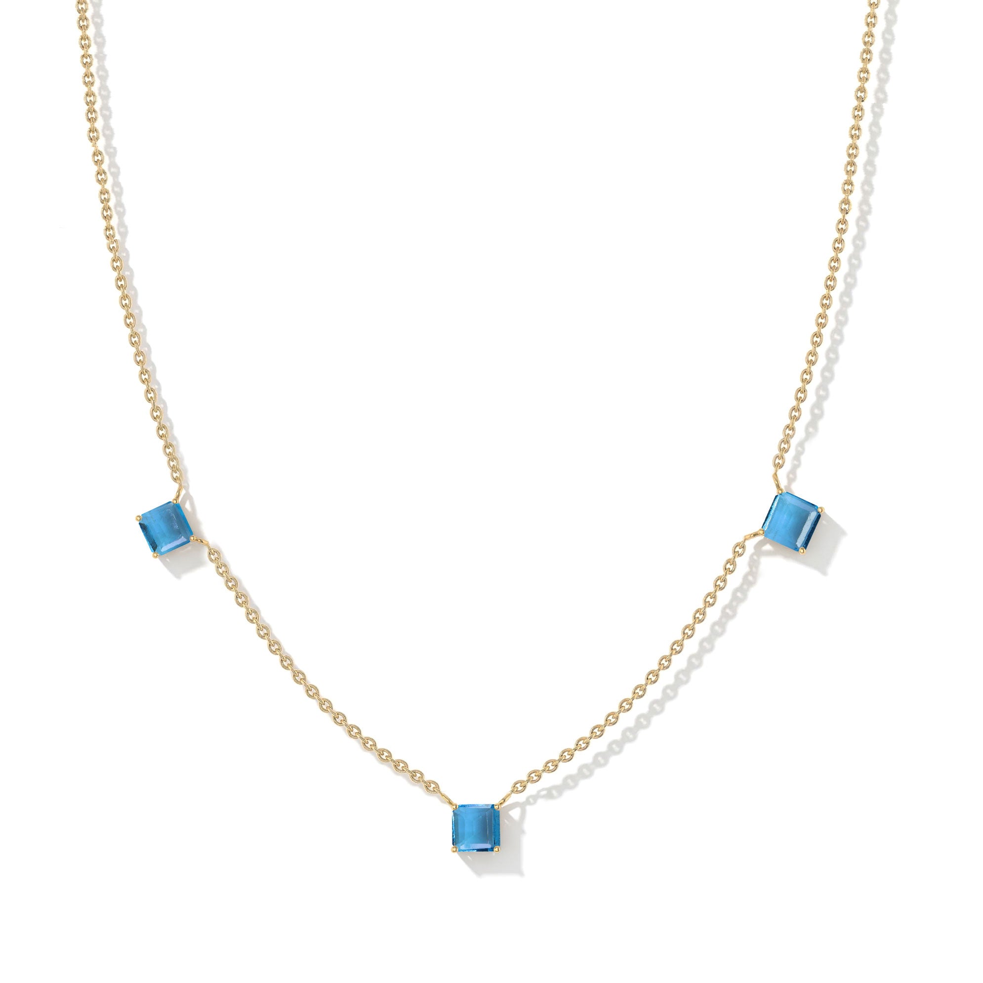 December birthstone Blue Topaz necklace with brilliant Asscher cut gemstones.
