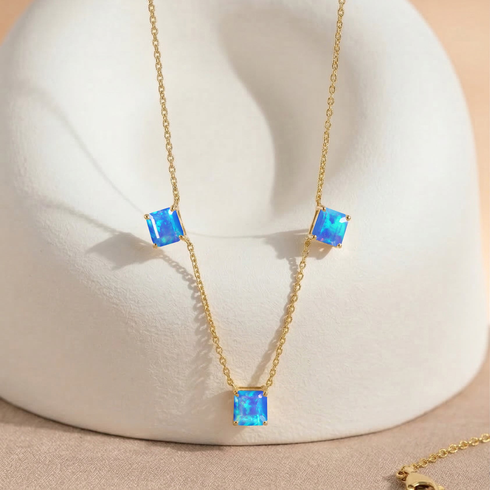 October birthstone Natural Blue Opal necklace with brilliant Asscher cut gemstones.
