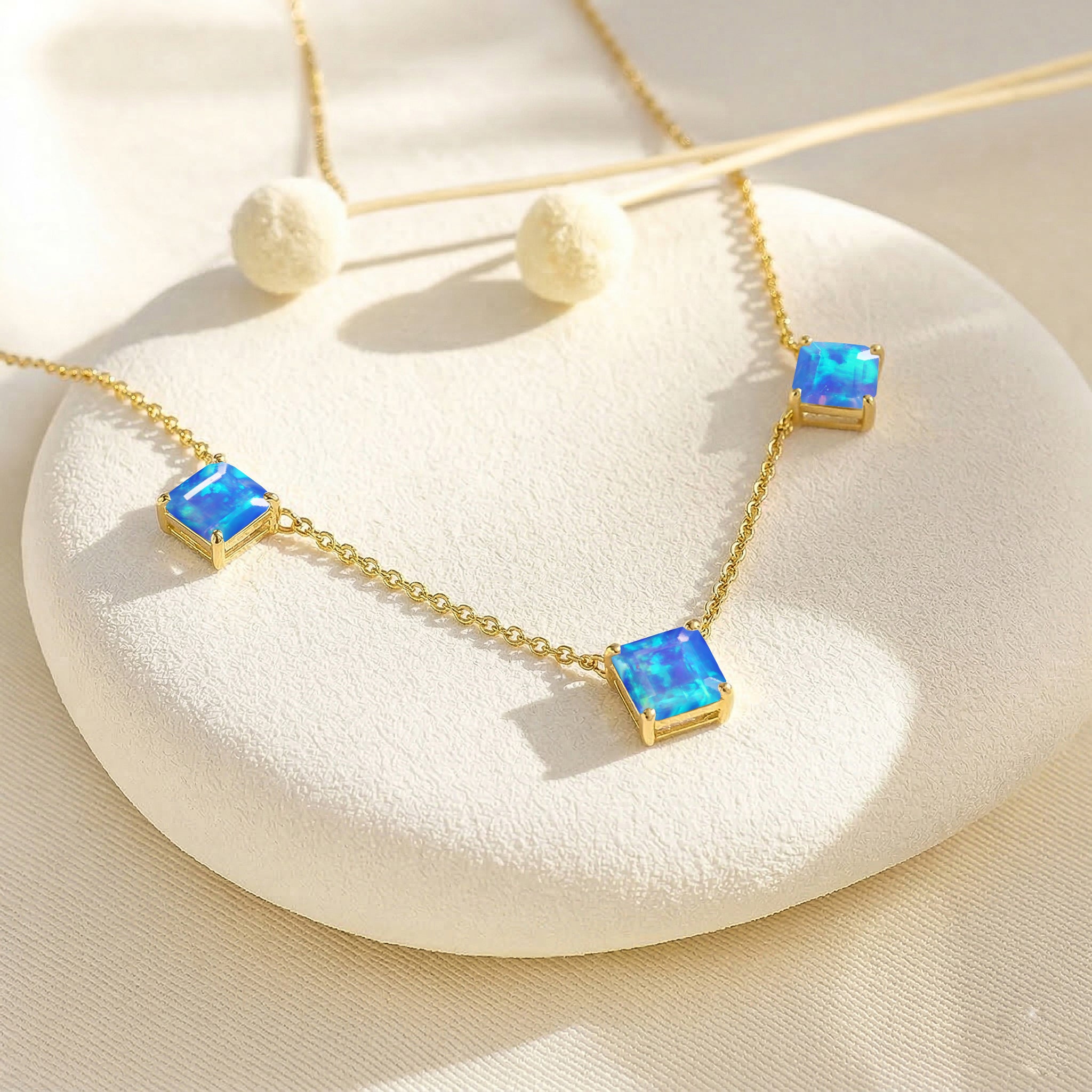 Women's Natural Blue Opal necklace with elegant Asscher cut gemstone design.
