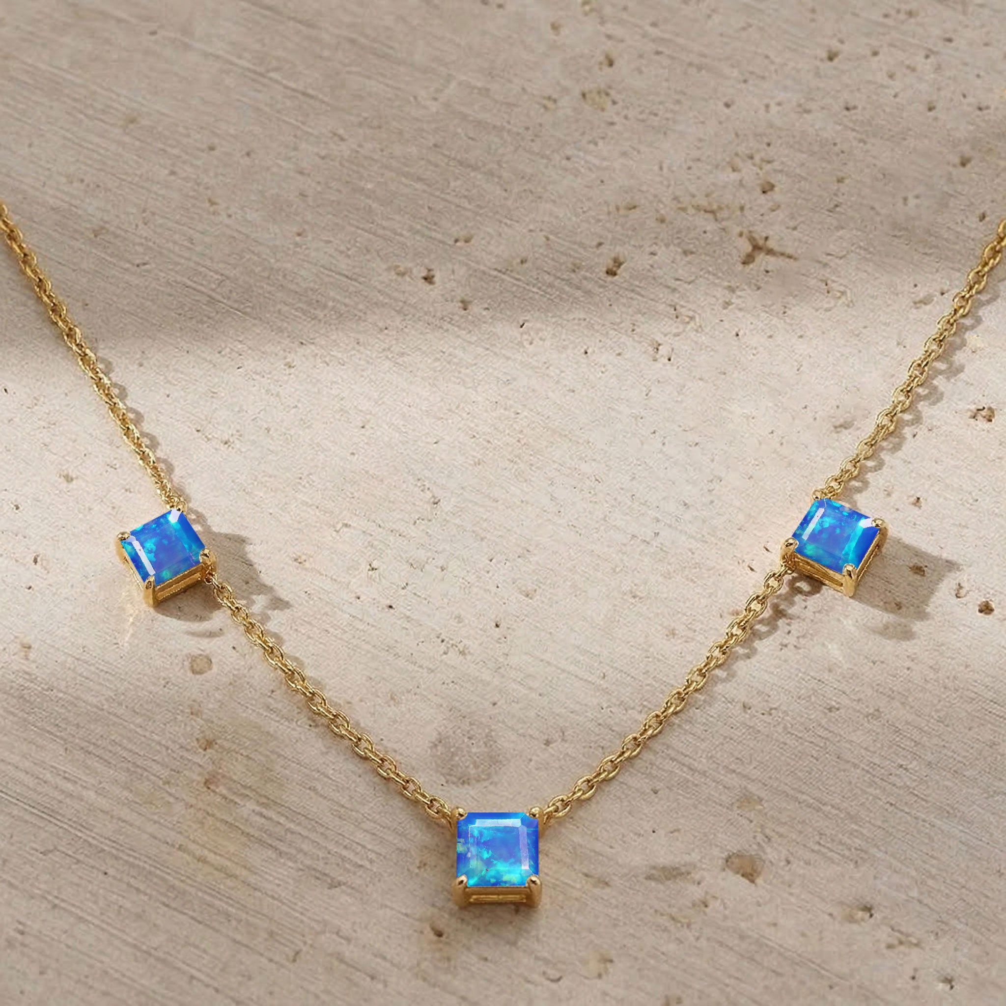 Modern Natural Blue Opal station necklace designed for layering and everyday elegance.
