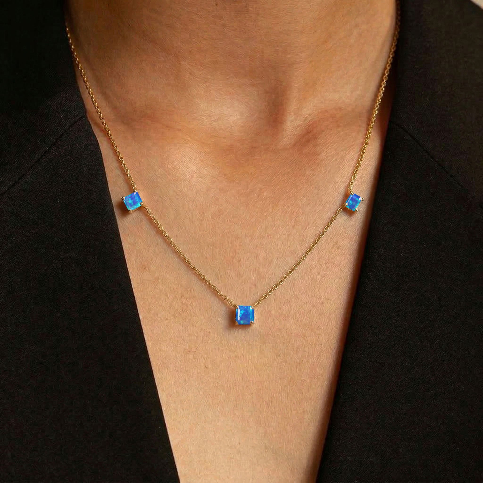 Handmade Natural Blue Opal necklace showcasing premium Asscher cut gemstones.
