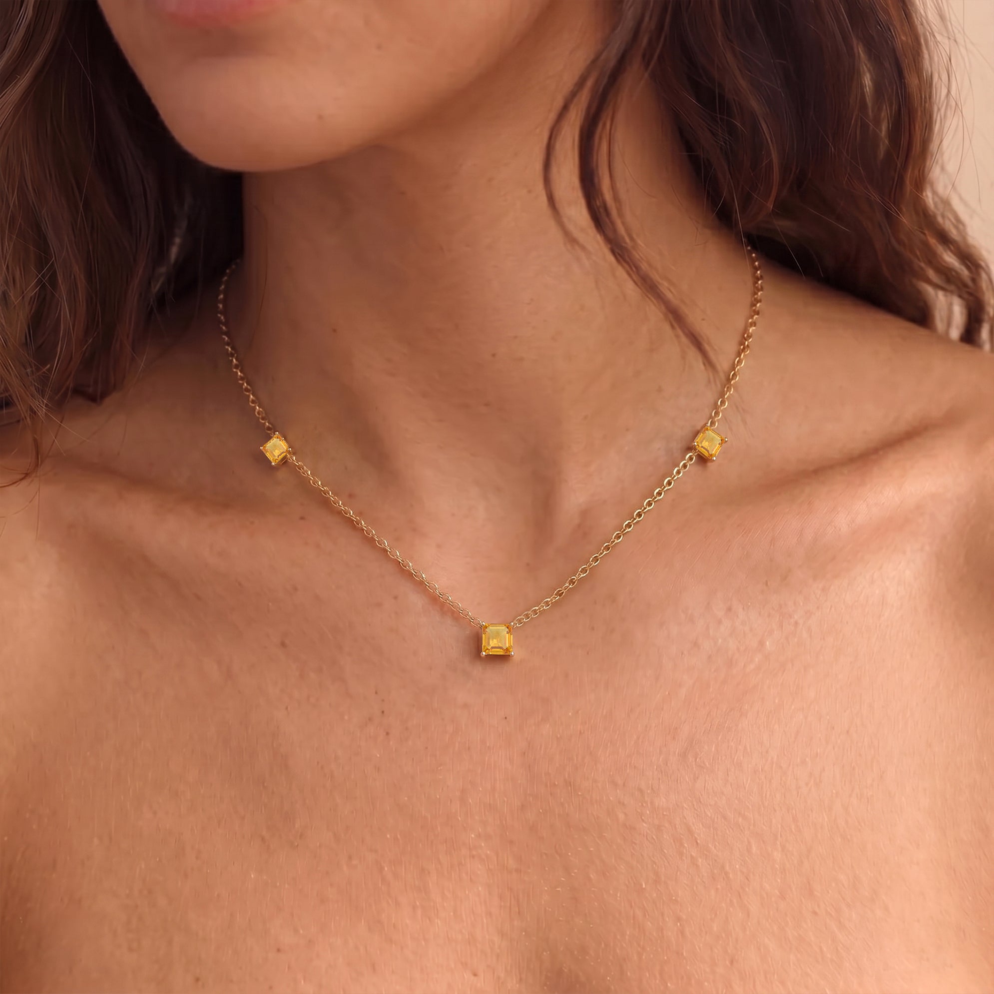 Luxury Citrine gemstone station necklace crafted with three geometric cut stones.
