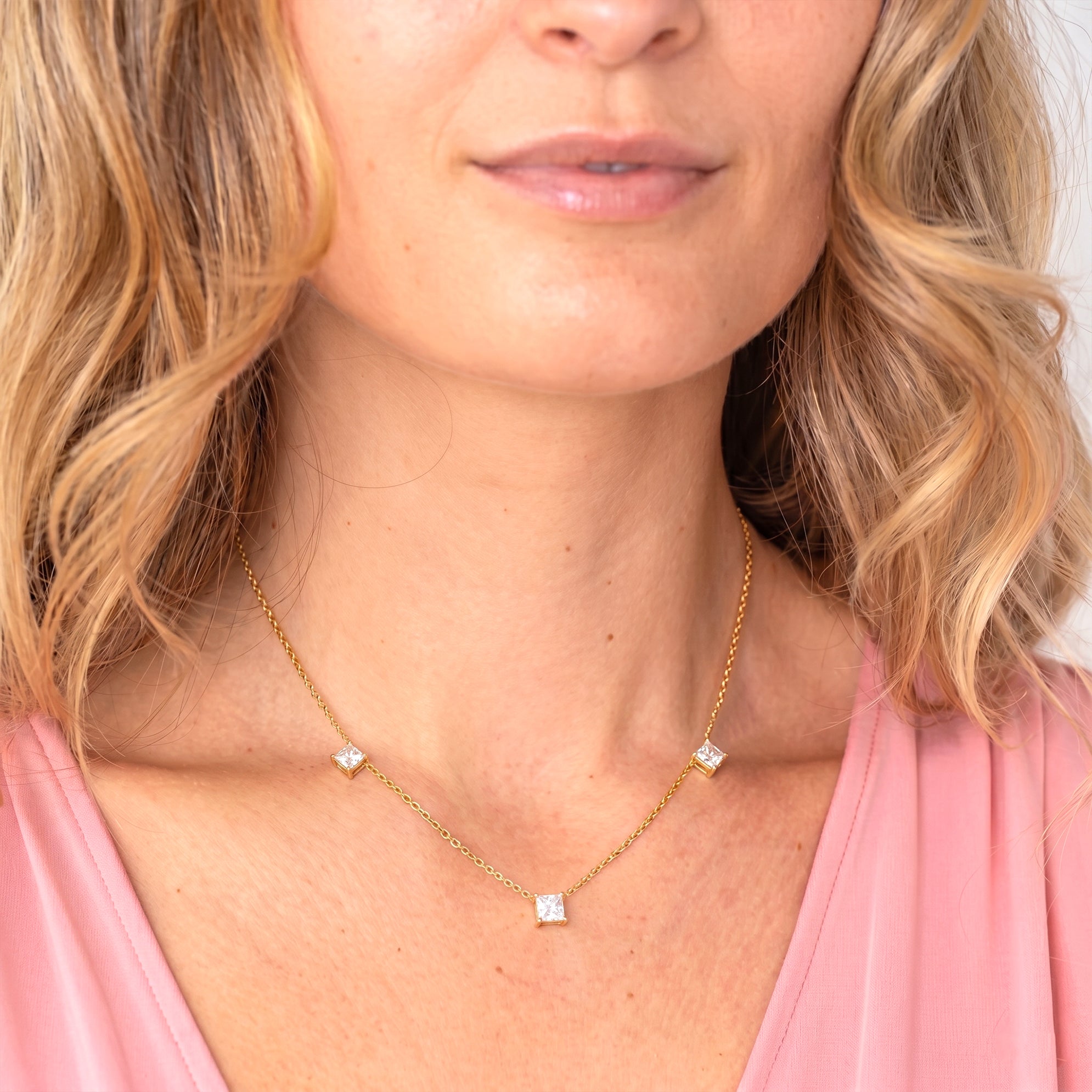 Elegant Moissanite necklace featuring three 5mm Asscher cut stones in genuine 925 sterling silver jewelry for women.
