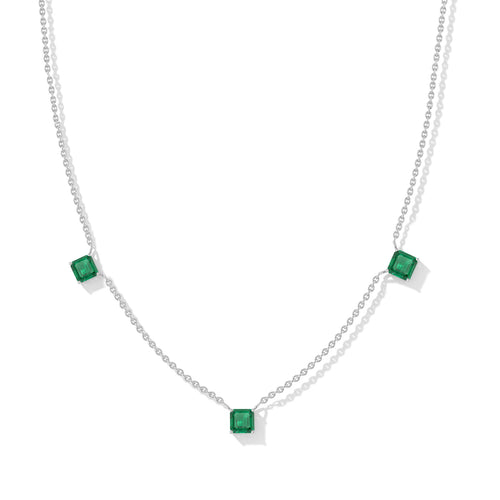 Three Stone Emerald Station Necklace in 925 Sterling SIlver