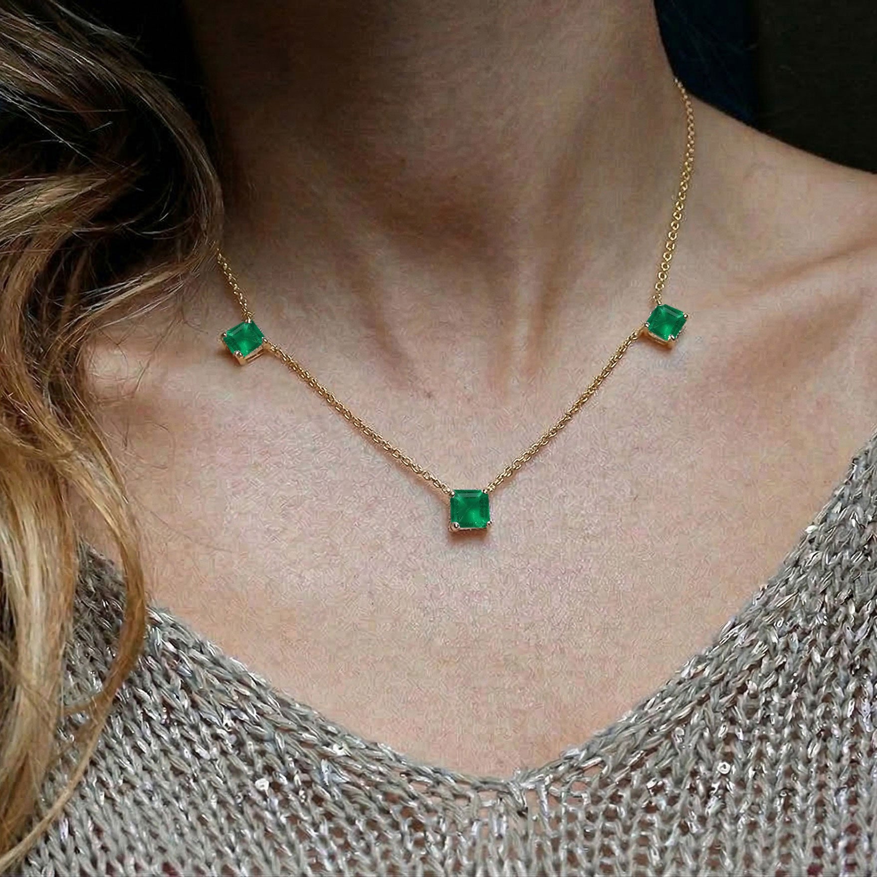 Natural Emerald Asscher Cut Station Necklace in 925 Sterling Silver with Yellow Gold Filled finish
