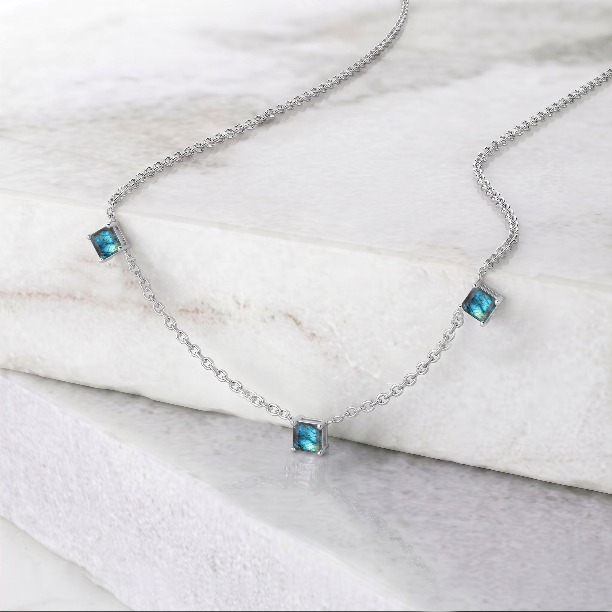 Genuine Labradorite gemstone necklace with adjustable sterling silver chain.
